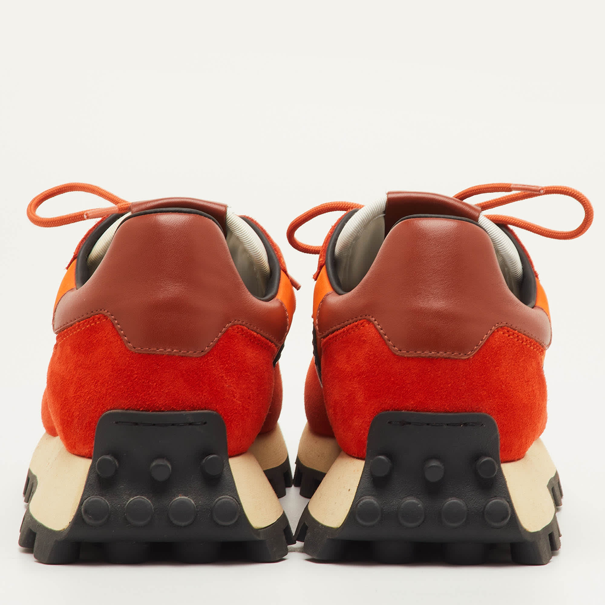 Tod's Size 41.5 Orange/black Fabric Leather And Suede Low Top Sneakers