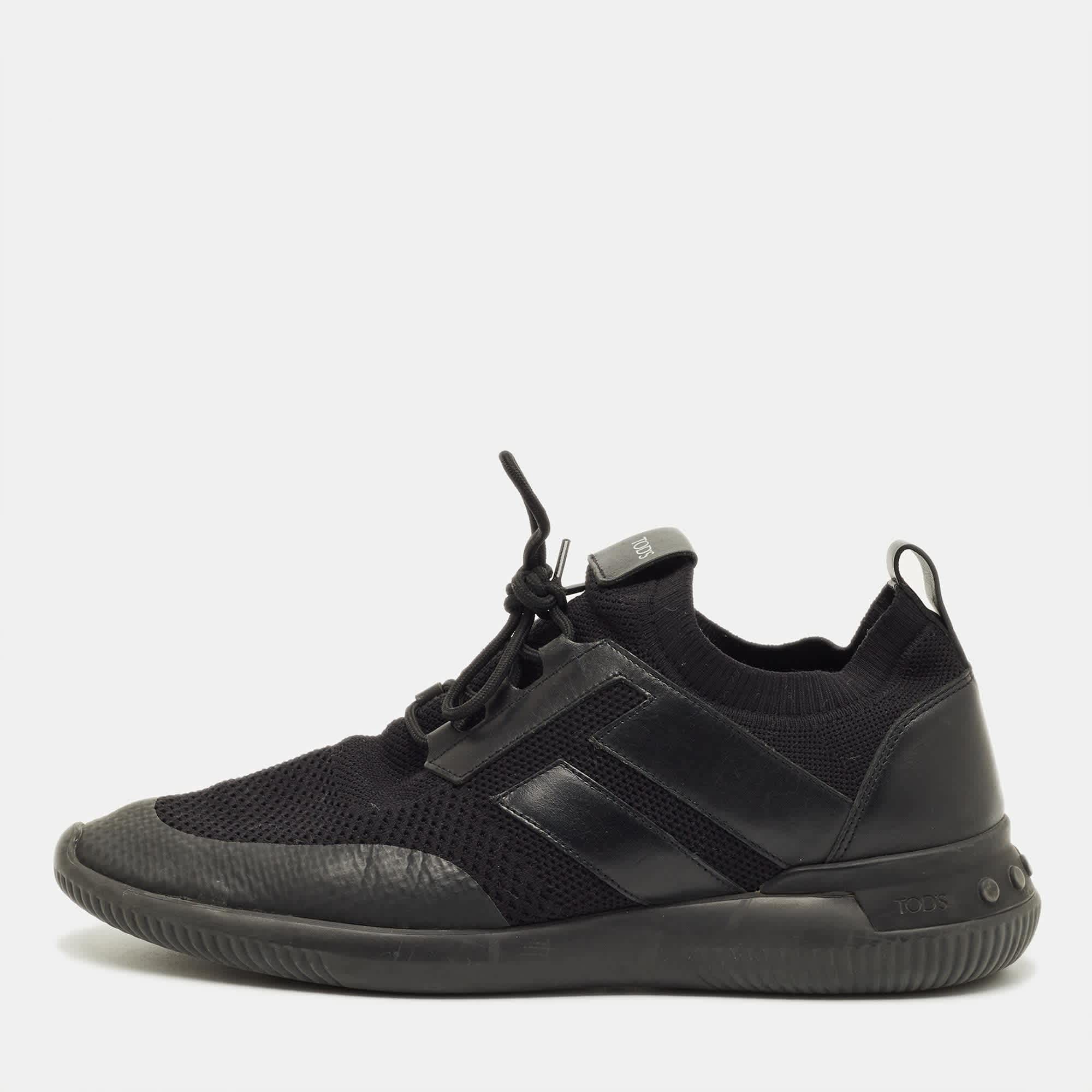 Tod's Size 43 Black Knit Fabric And Leather Low Top Sneakers