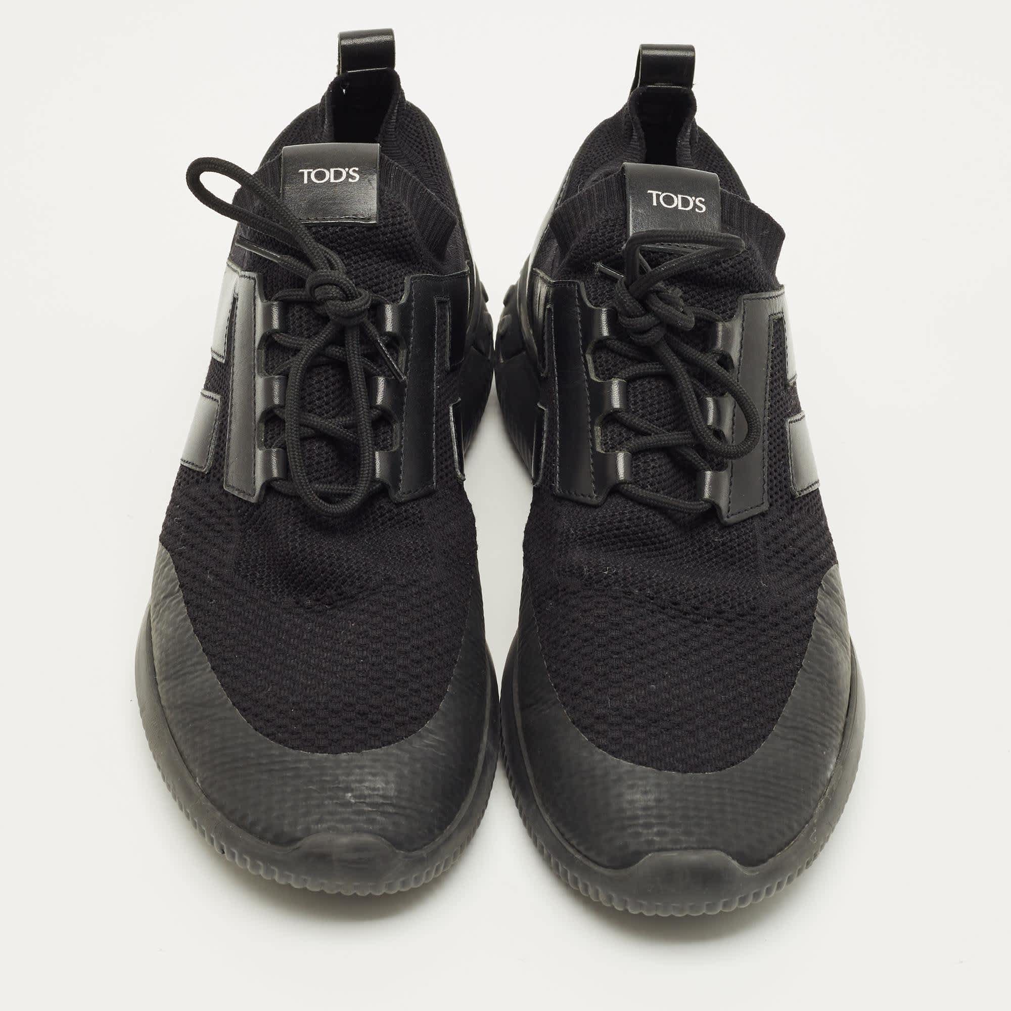 Tod's Size 43 Black Knit Fabric And Leather Low Top Sneakers