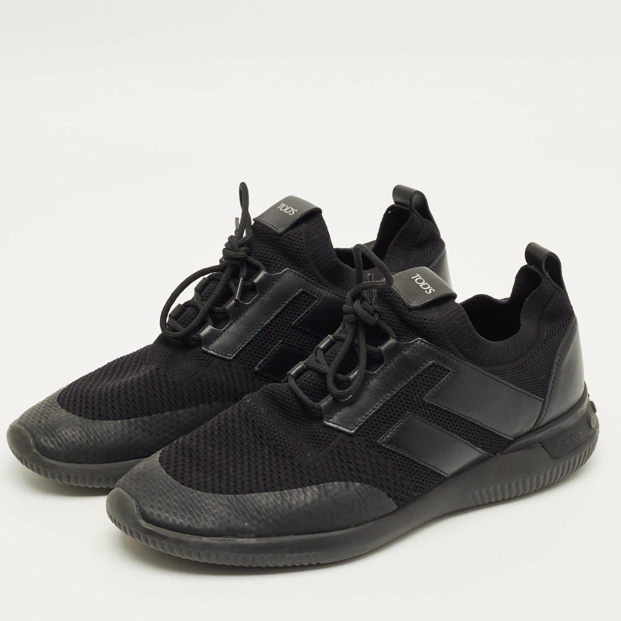 Tod's Size 43 Black Knit Fabric And Leather Low Top Sneakers