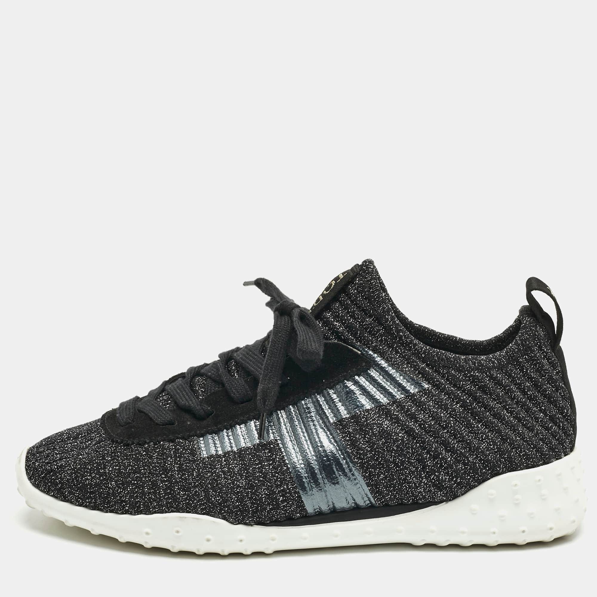 Tod's Metallic Black Lurex Fabric And Suede T Print Sneakers