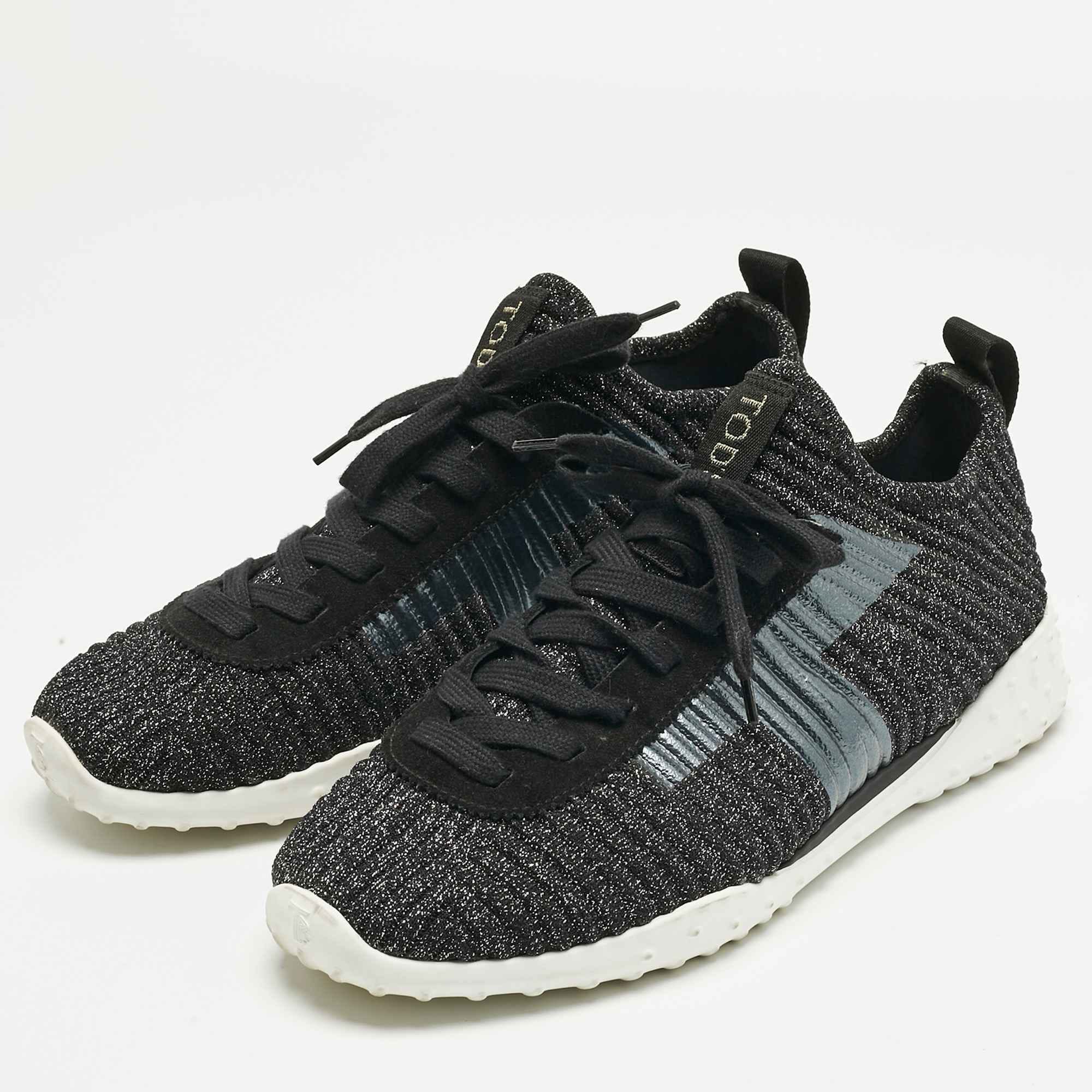 Tod's Metallic Black Lurex Fabric And Suede T Print Sneakers