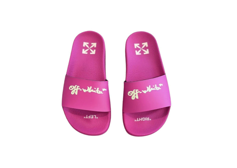 Off - White Kids Pool Slide Fuchsia Yellow Script Logo