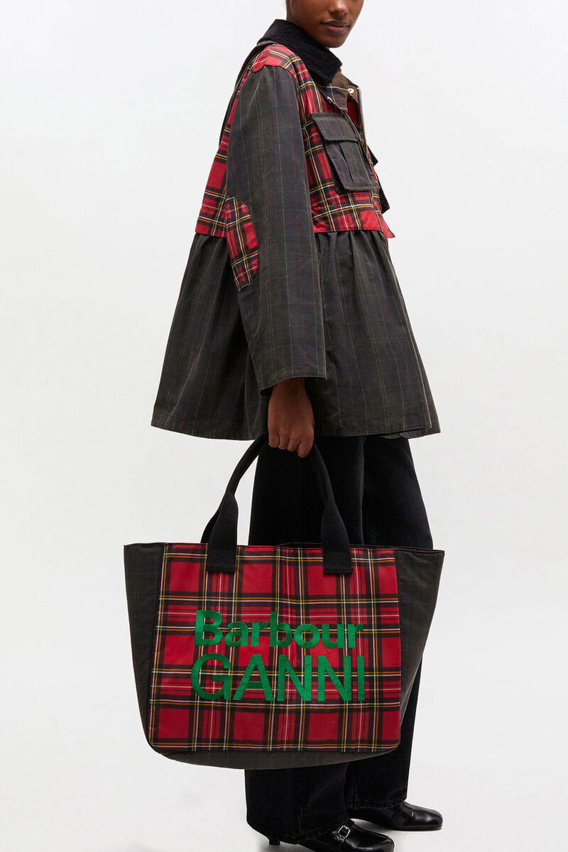 Ganni Dark Green Red Tartan Tote