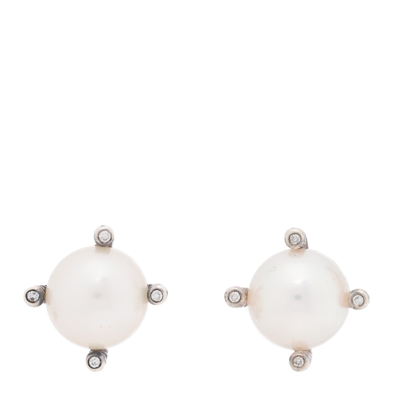David Yurman Sterling Silver Diamond Pearl 9.5 - 10 mm Cable Stud Earrings