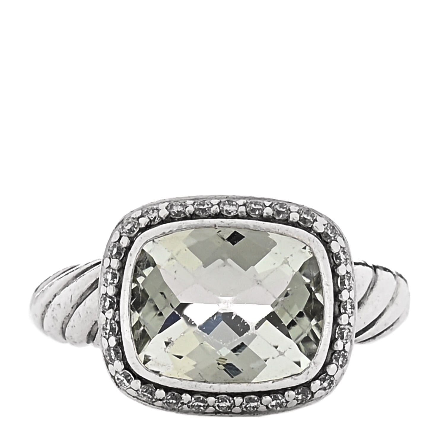 David Yurman Sterling Silver Diamond Prasiolite 10 mm Noblesse Ring 47 4.25