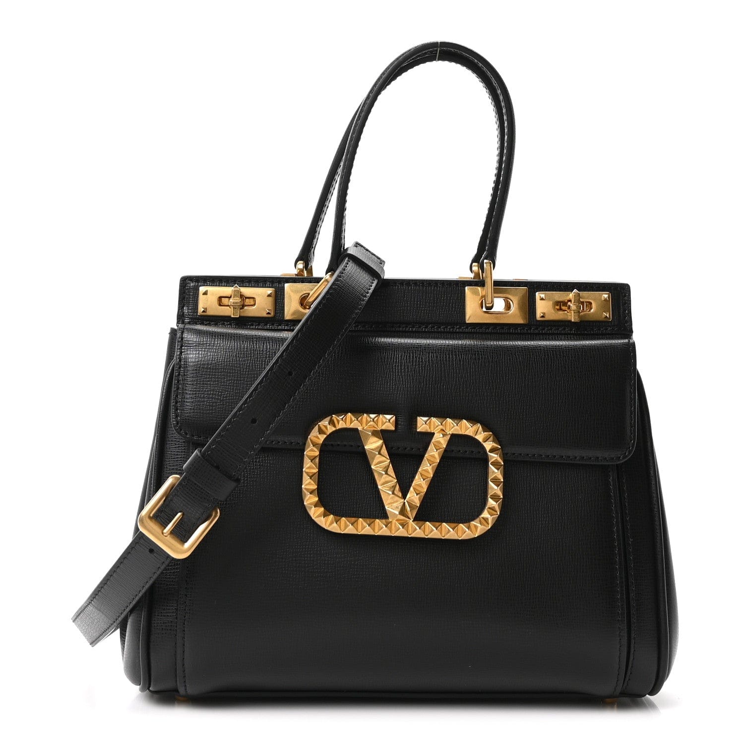 Valentino Garavani Grainy Calfskin Rockstud Medium Alcove Top - Handle Bag Black