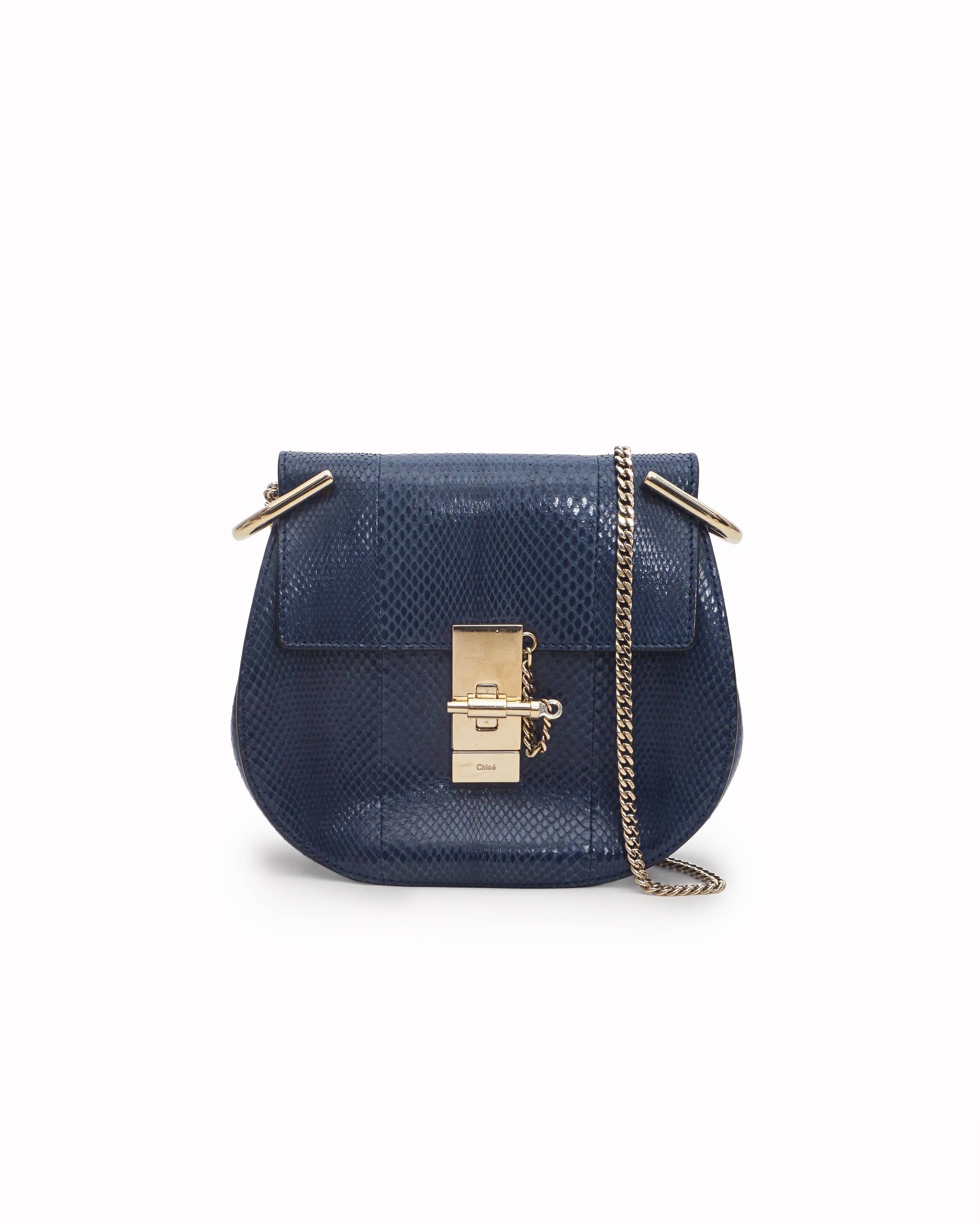 Chloé Navy Blue Python Skin Medium Drew Shoulder Bag