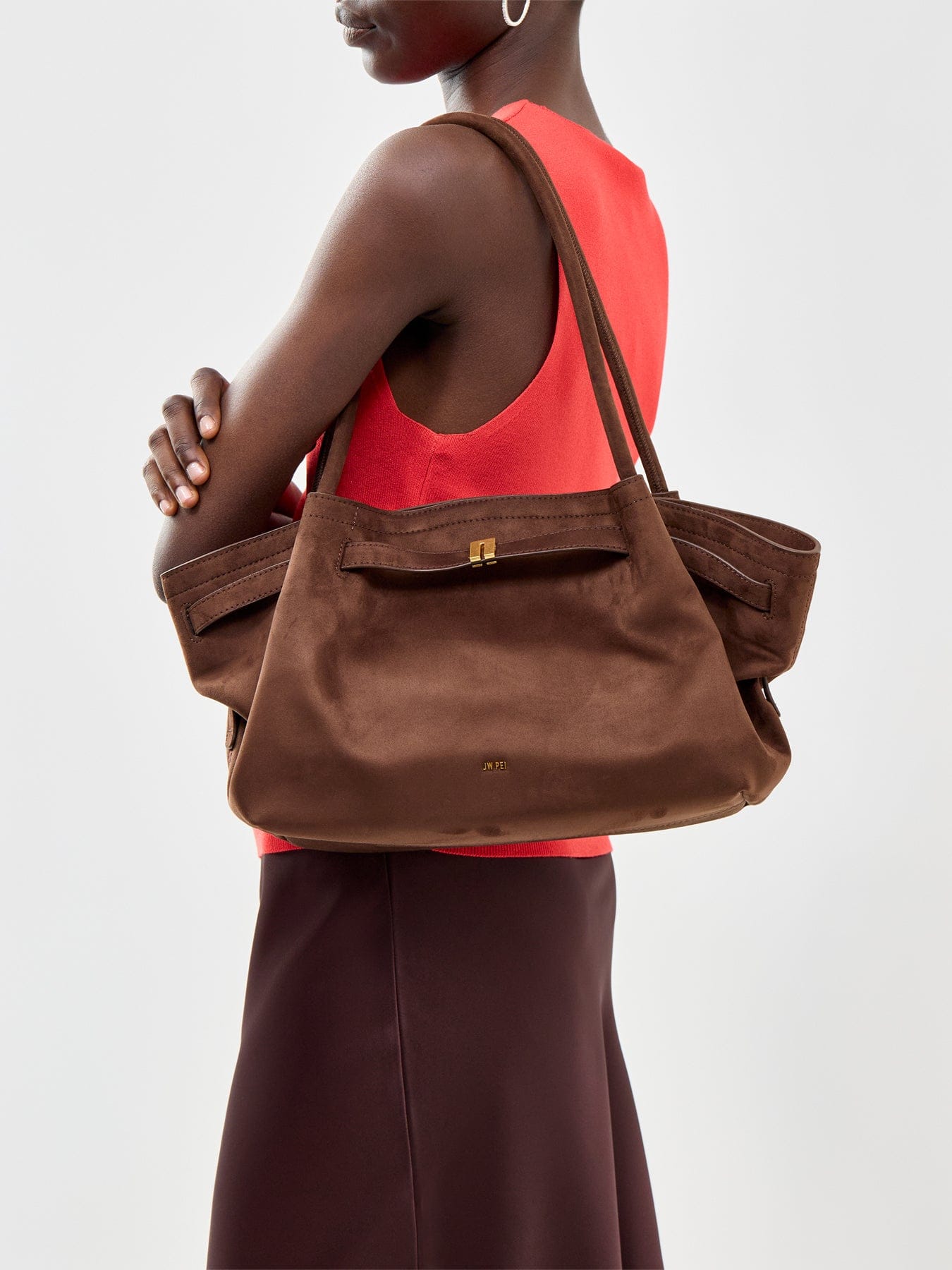 JW PEI Hana Wide Faux Suede Tote Bag Dark Brown