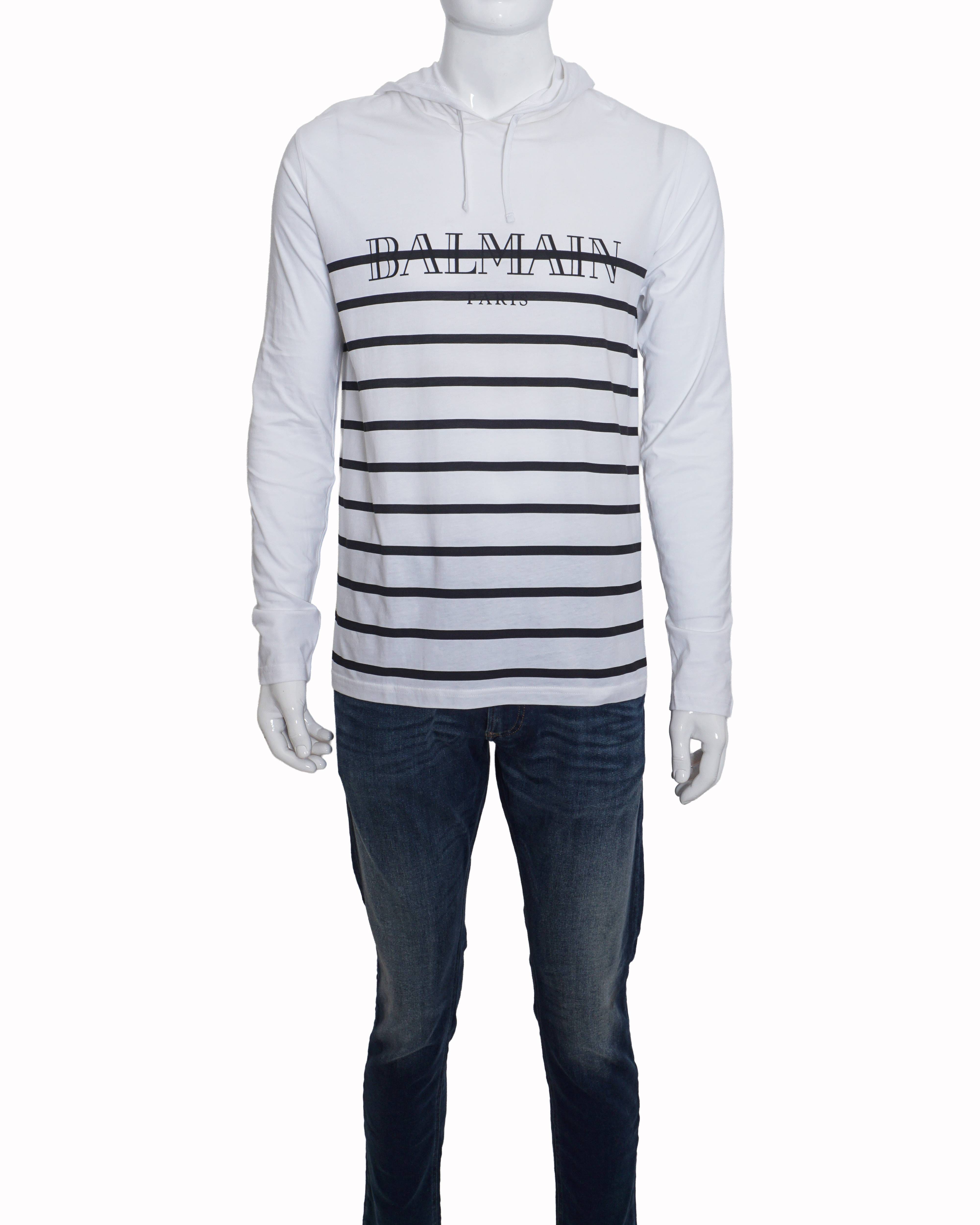 Balmain White & Black Striped Logo Long - Sleeve Hoodie
