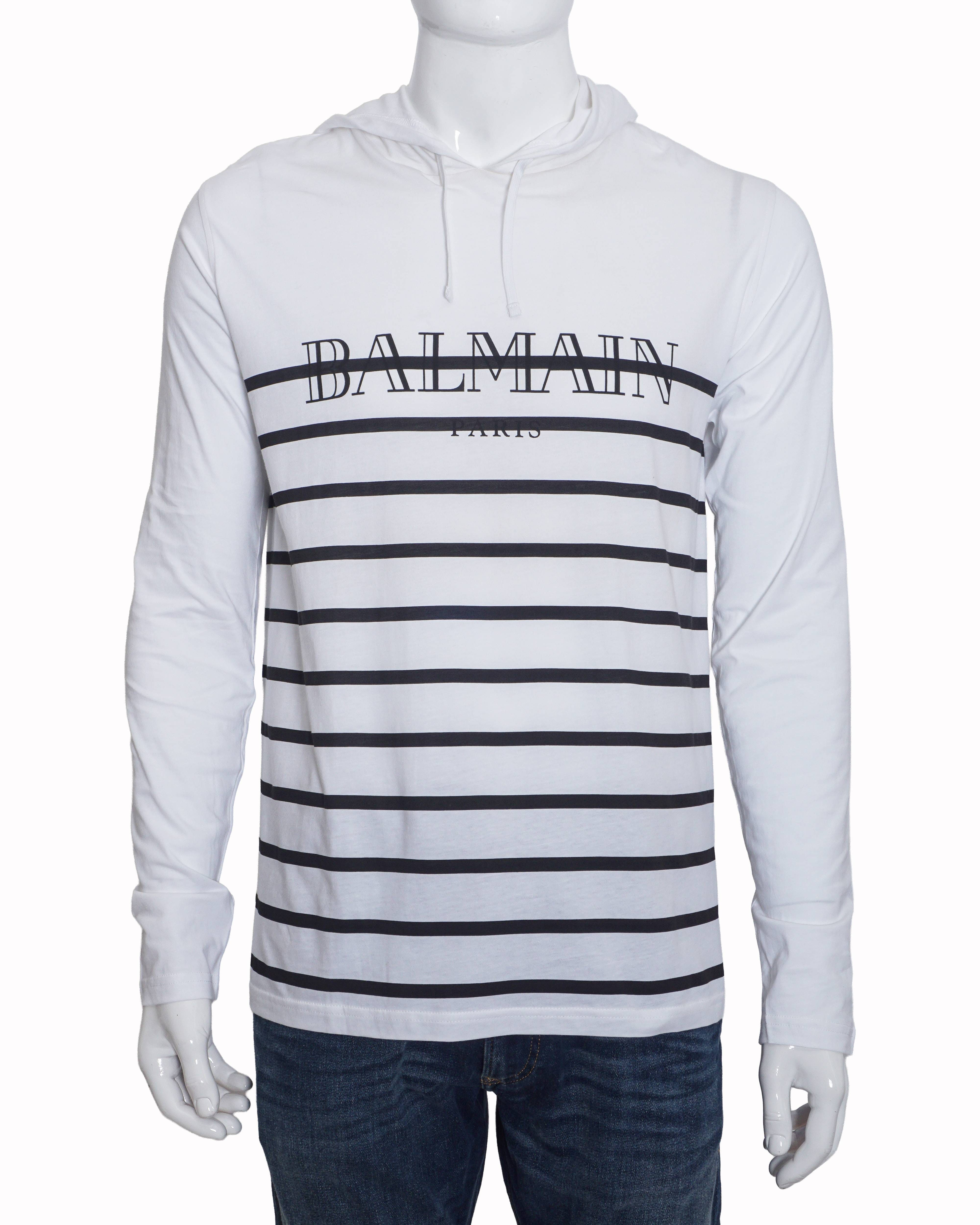 Balmain White & Black Striped Logo Long - Sleeve Hoodie