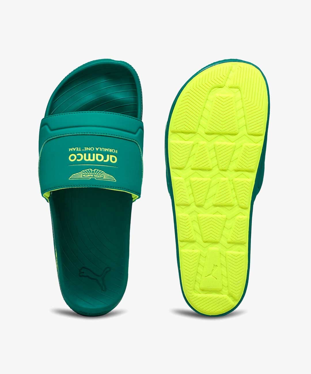 PUMA | ASTON MARTIN F1 SOFTRIDE PRO LEADPUFF SLIDES { PUMA BLACK - GREEN LUX - PUMA WHITE