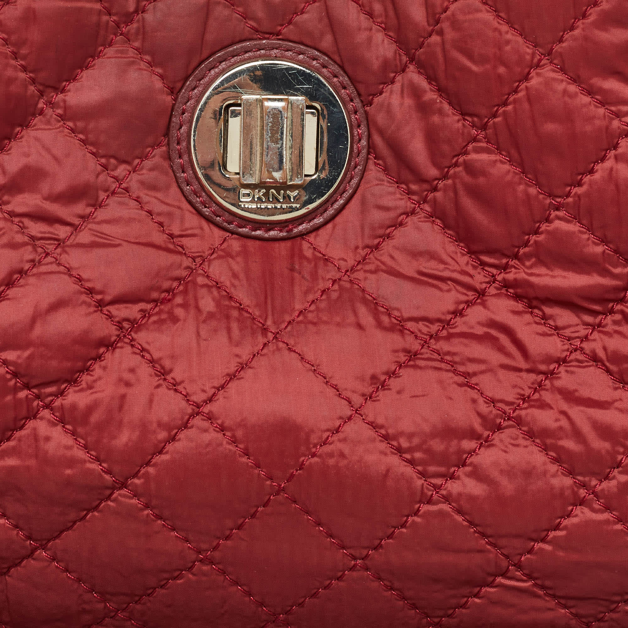 Dkny Red Quilted Nylon And Leather Logo Chain Tote