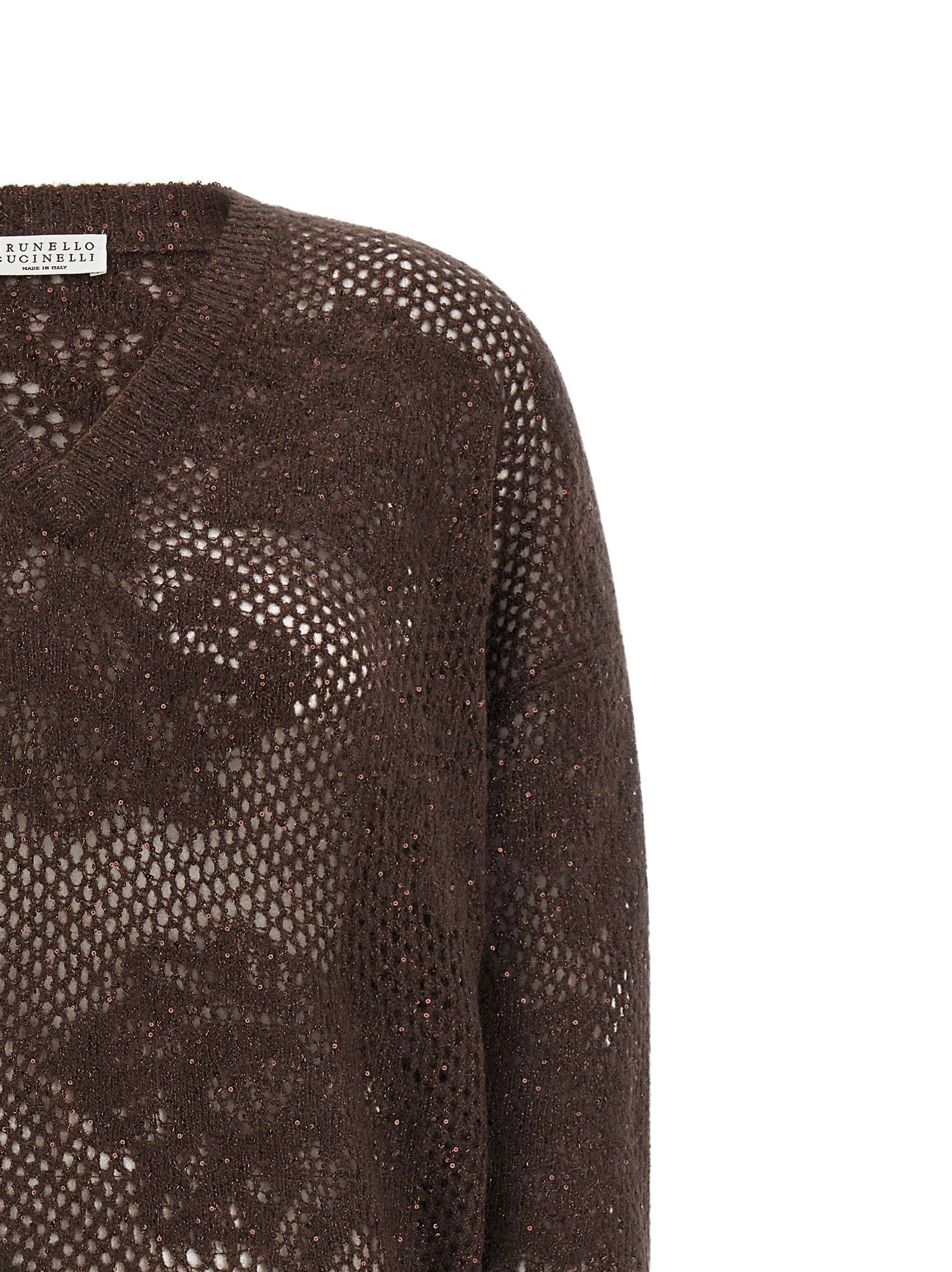 Brunello Cucinelli Perforated Floral Lace Sweater — Brown