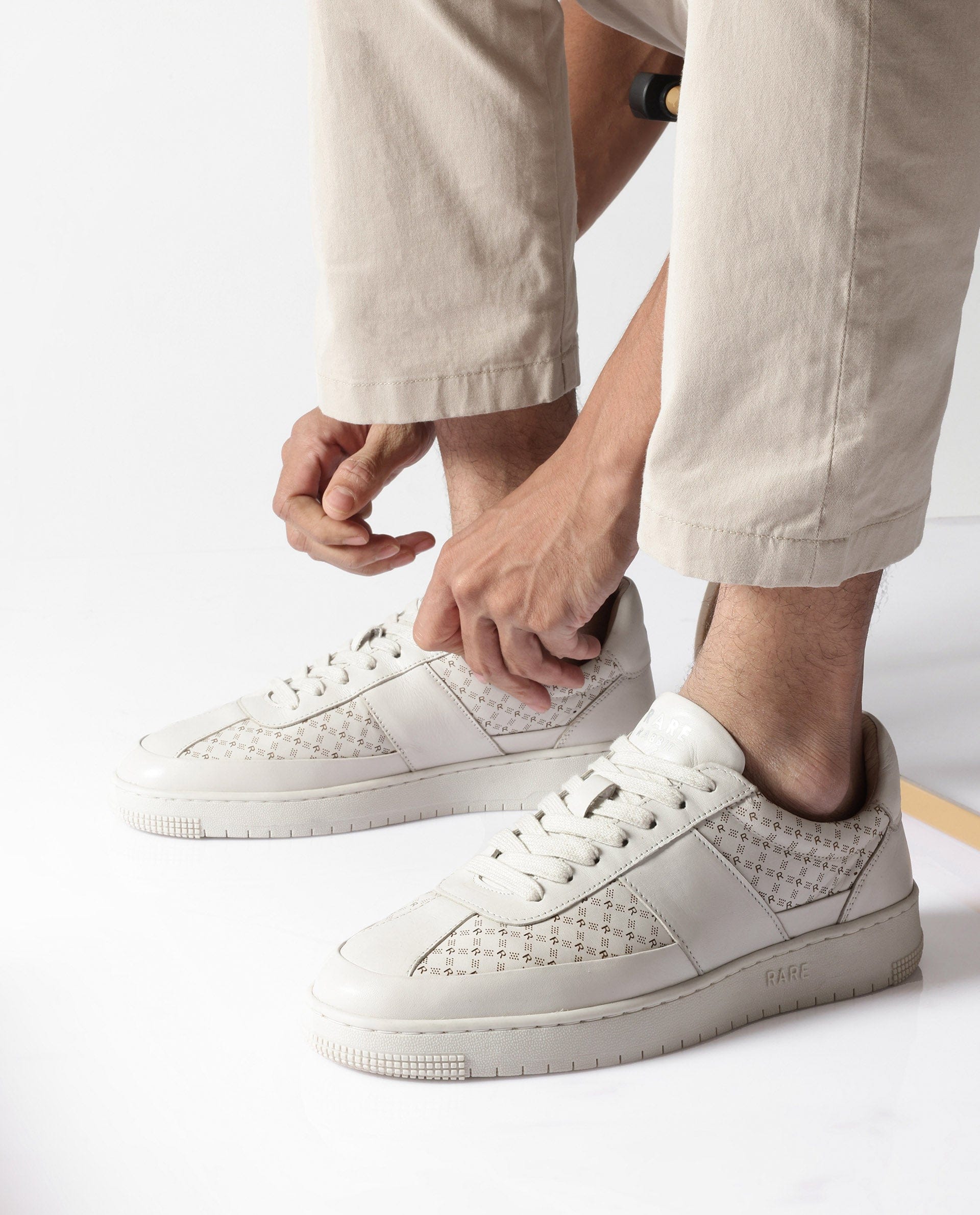RAREZ Rare Rabbit Men's Galileo Stellar Ivory Genuine Leather Monogram Print Low - Top Sneaker Shoes