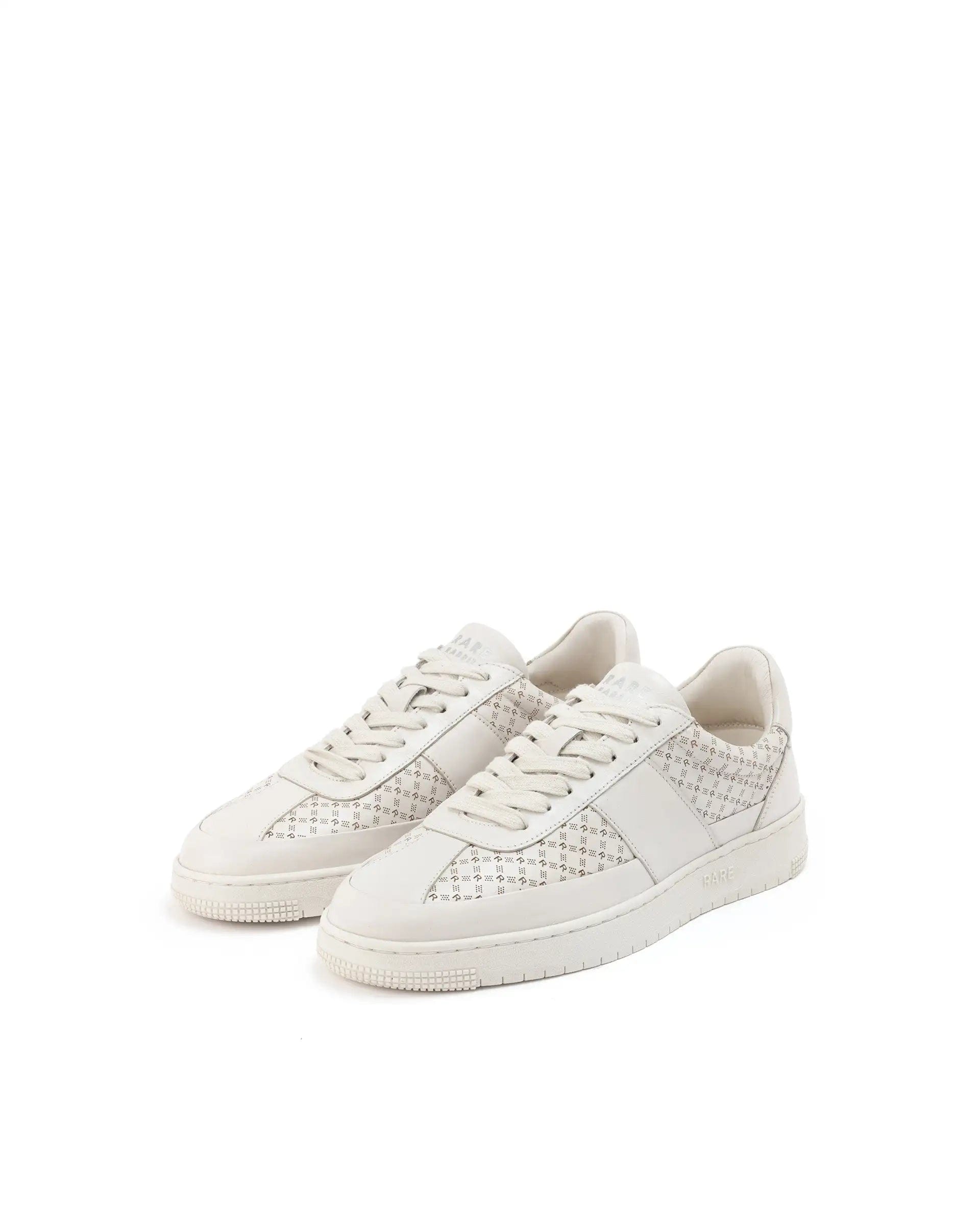 RAREZ Rare Rabbit Men's Galileo Stellar Ivory Genuine Leather Monogram Print Low - Top Sneaker Shoes