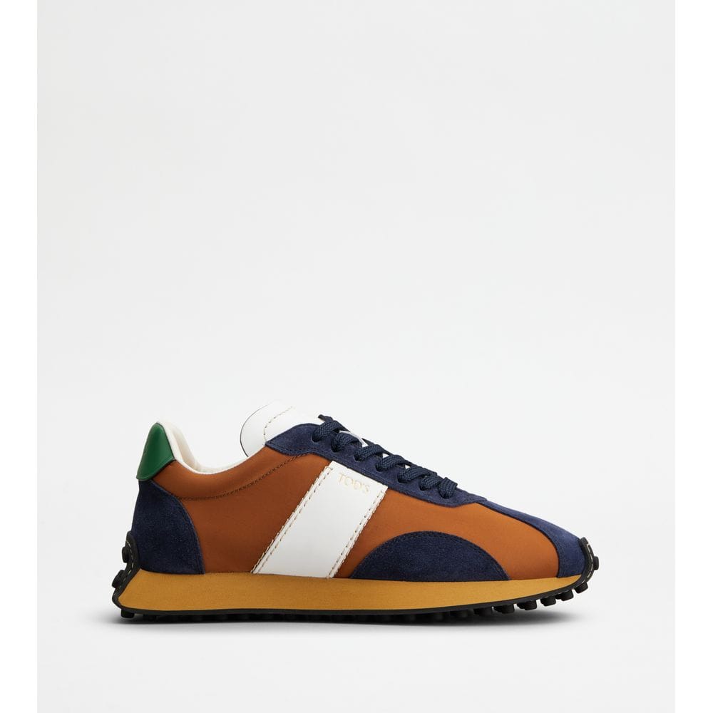 Tod's Tods T Vintage Sneakers In Leather And Fabric Blue Brown White Mens