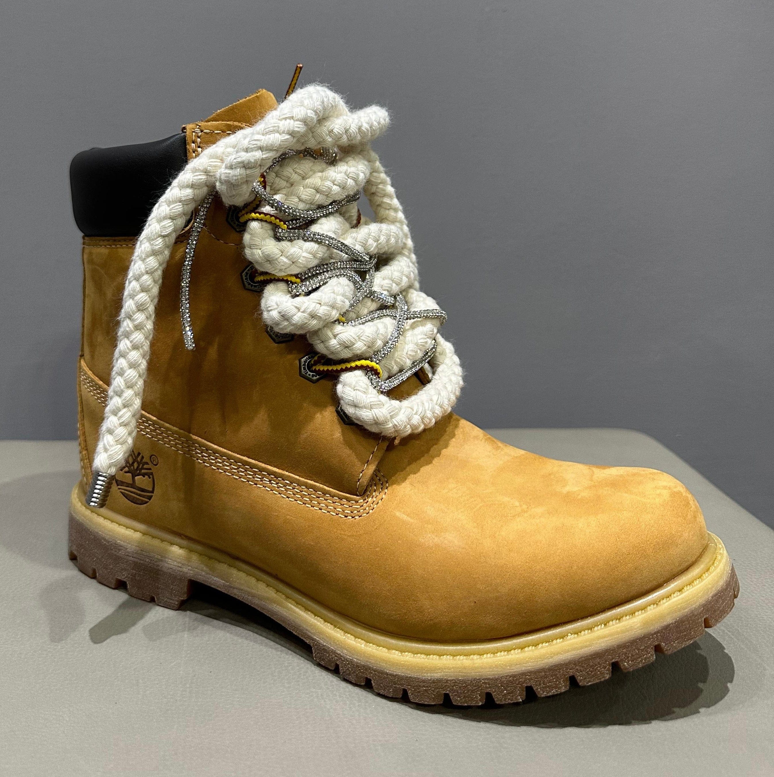 Timberland® Stivale Impermeabile Premium 6 - Inch in giallo Custom Corda Rope Laces Silver Swarovski Lacci