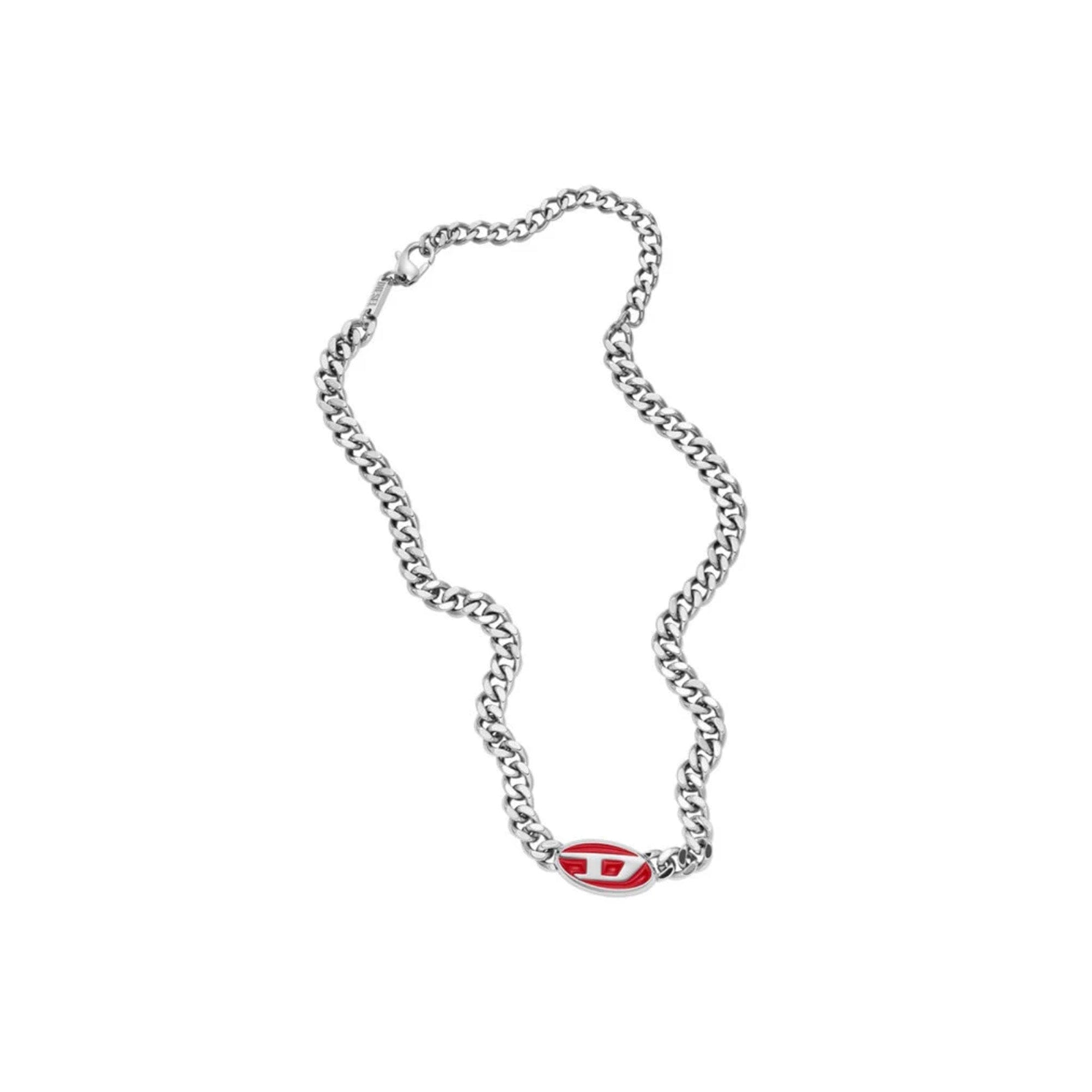 Diesel Red Enamel Chain Necklace Silver