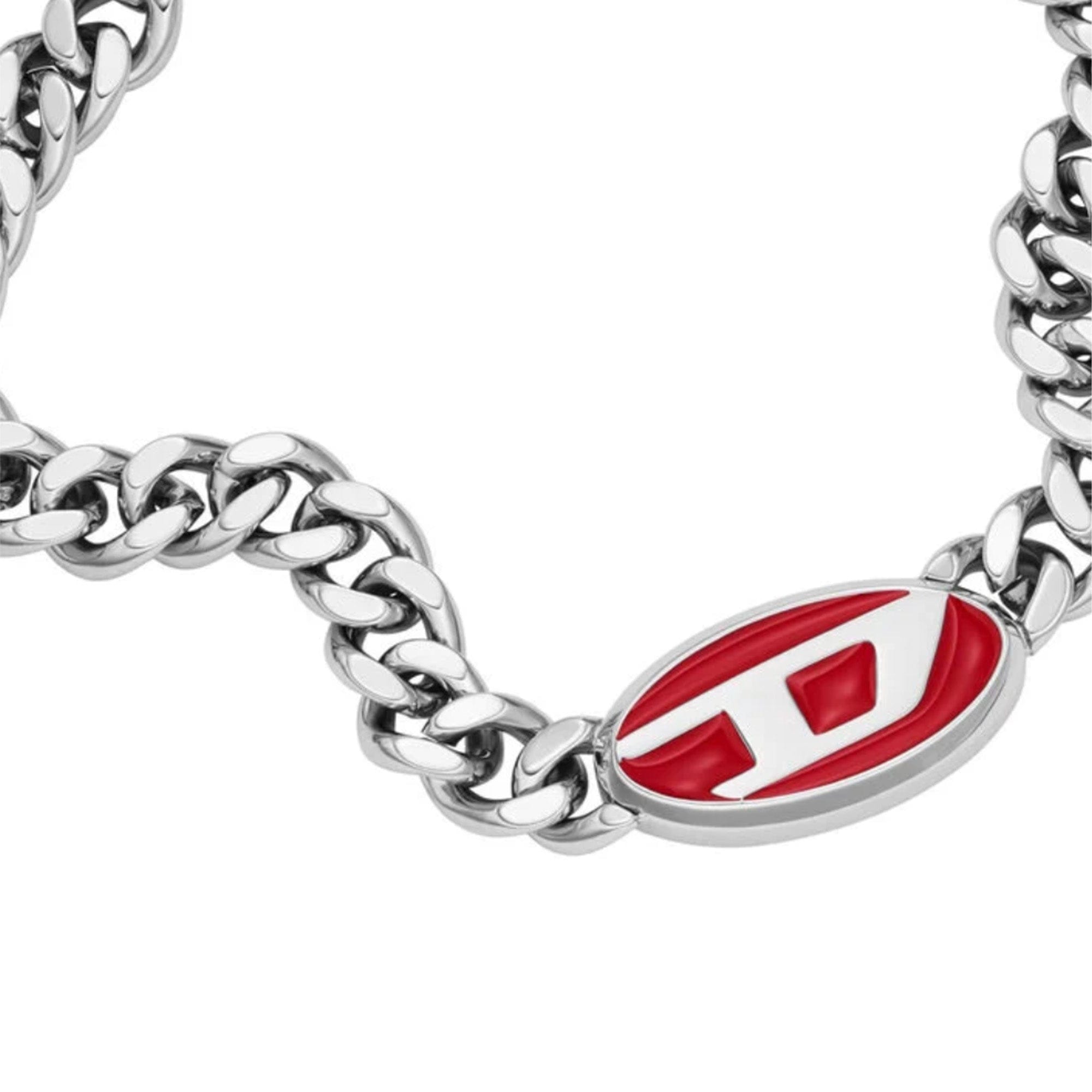 Diesel Red Enamel Chain Necklace Silver
