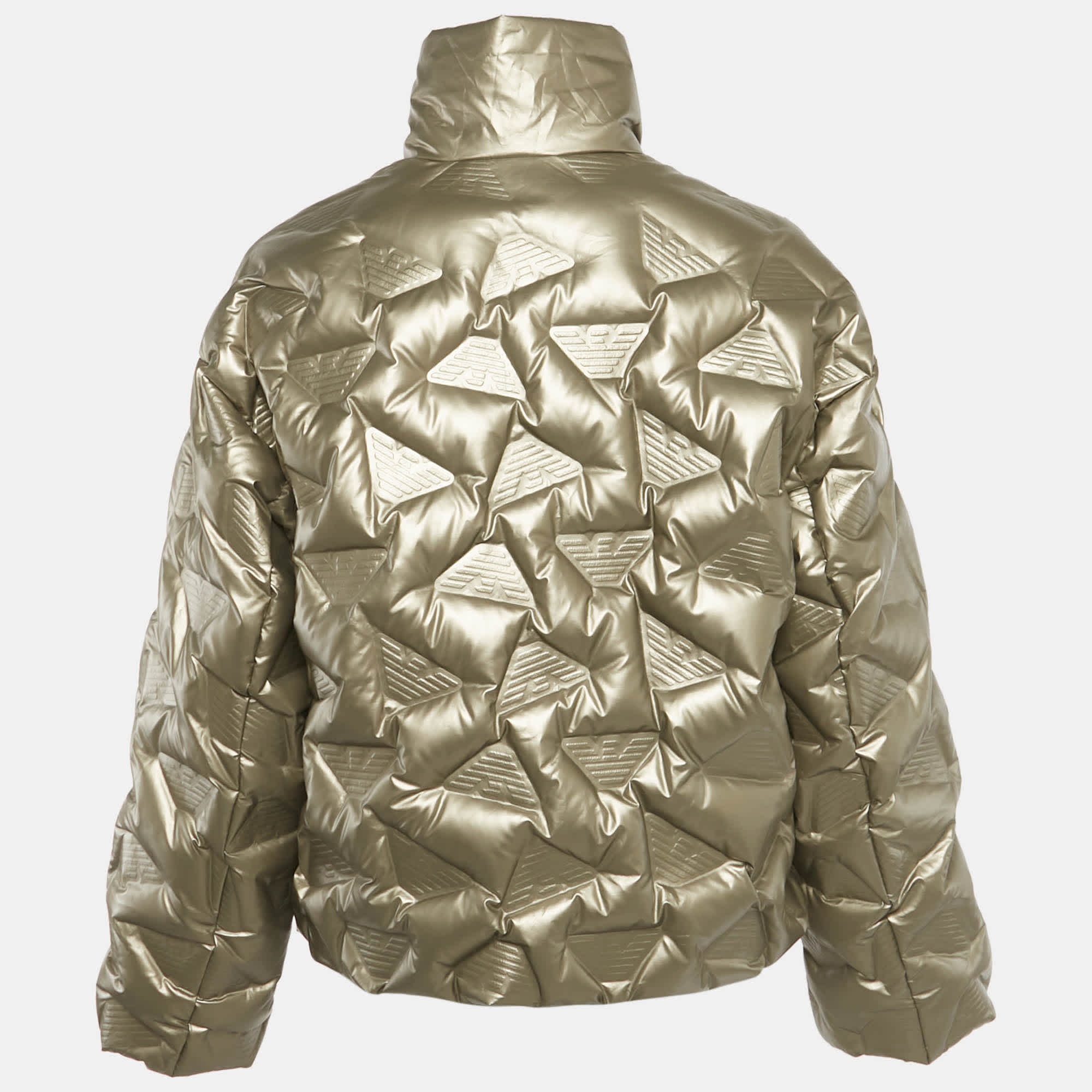 Emporio Armani Metallic Gold Synthetic Debossed Monogram Quilted Jacket