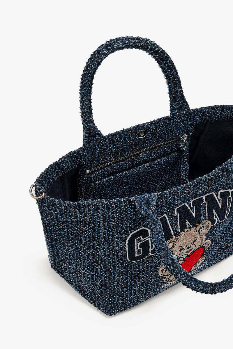 Ganni Rinse Tweed Denim Small Bear Tote