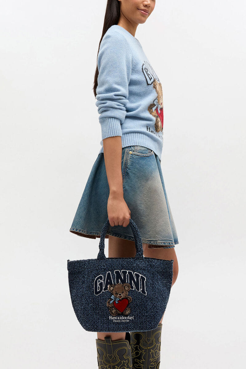 Ganni Rinse Tweed Denim Small Bear Tote