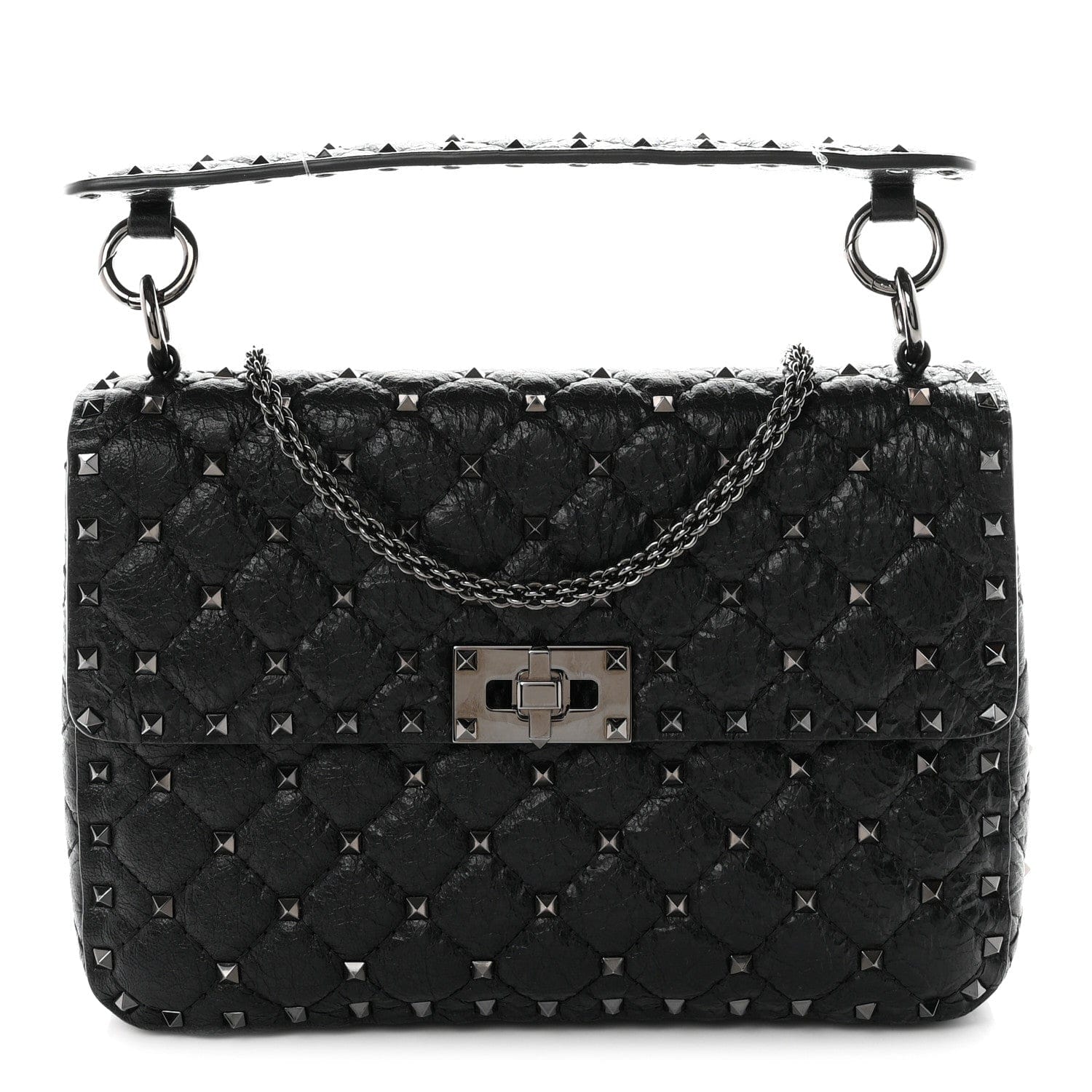 Valentino Garavani Craquele Nappa Medium Rockstud Spike Shoulder Bag Black