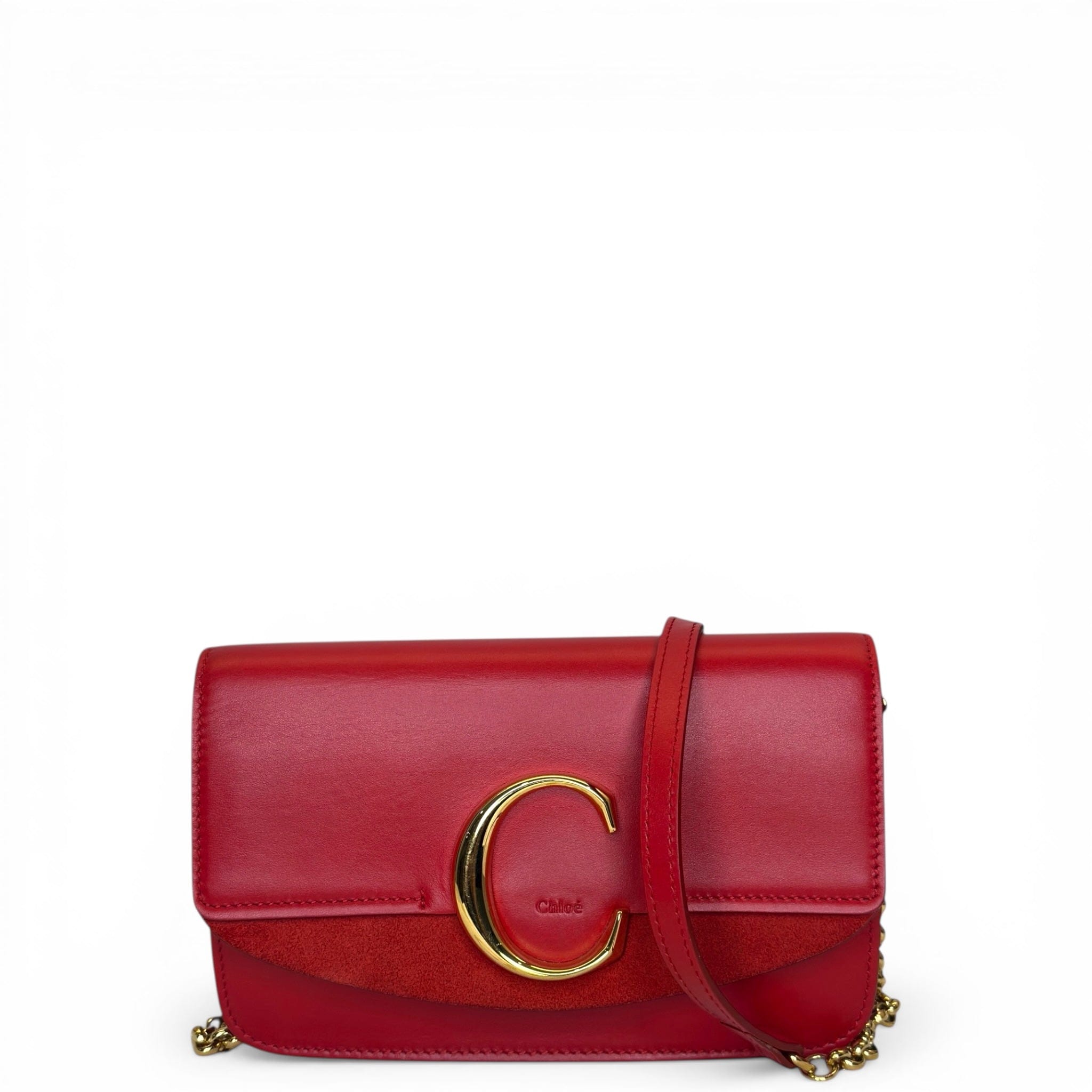 Chloé C Chain Shoulder Bag Red Suede - trimmed Leather