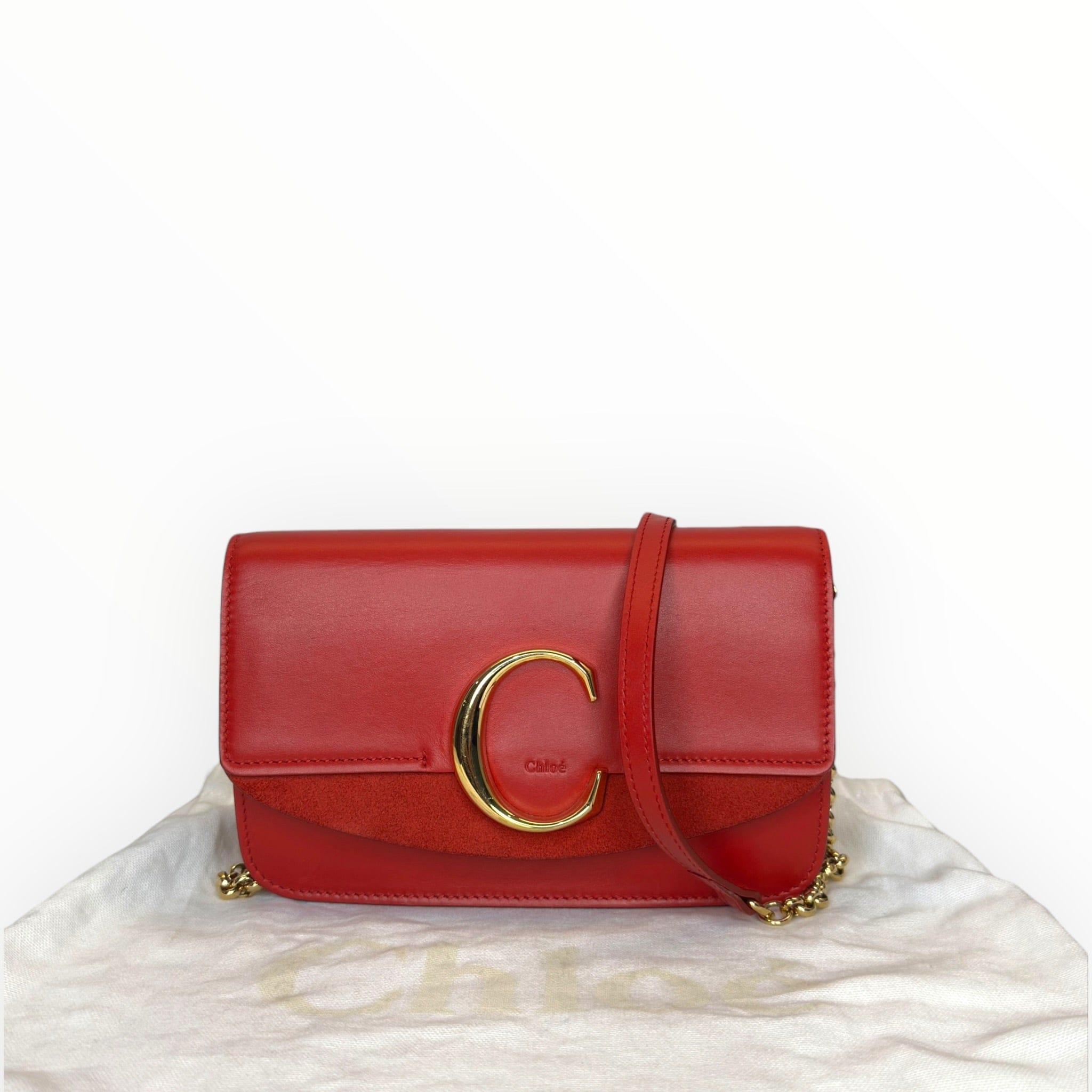 Chloé C Chain Shoulder Bag Red Suede - trimmed Leather