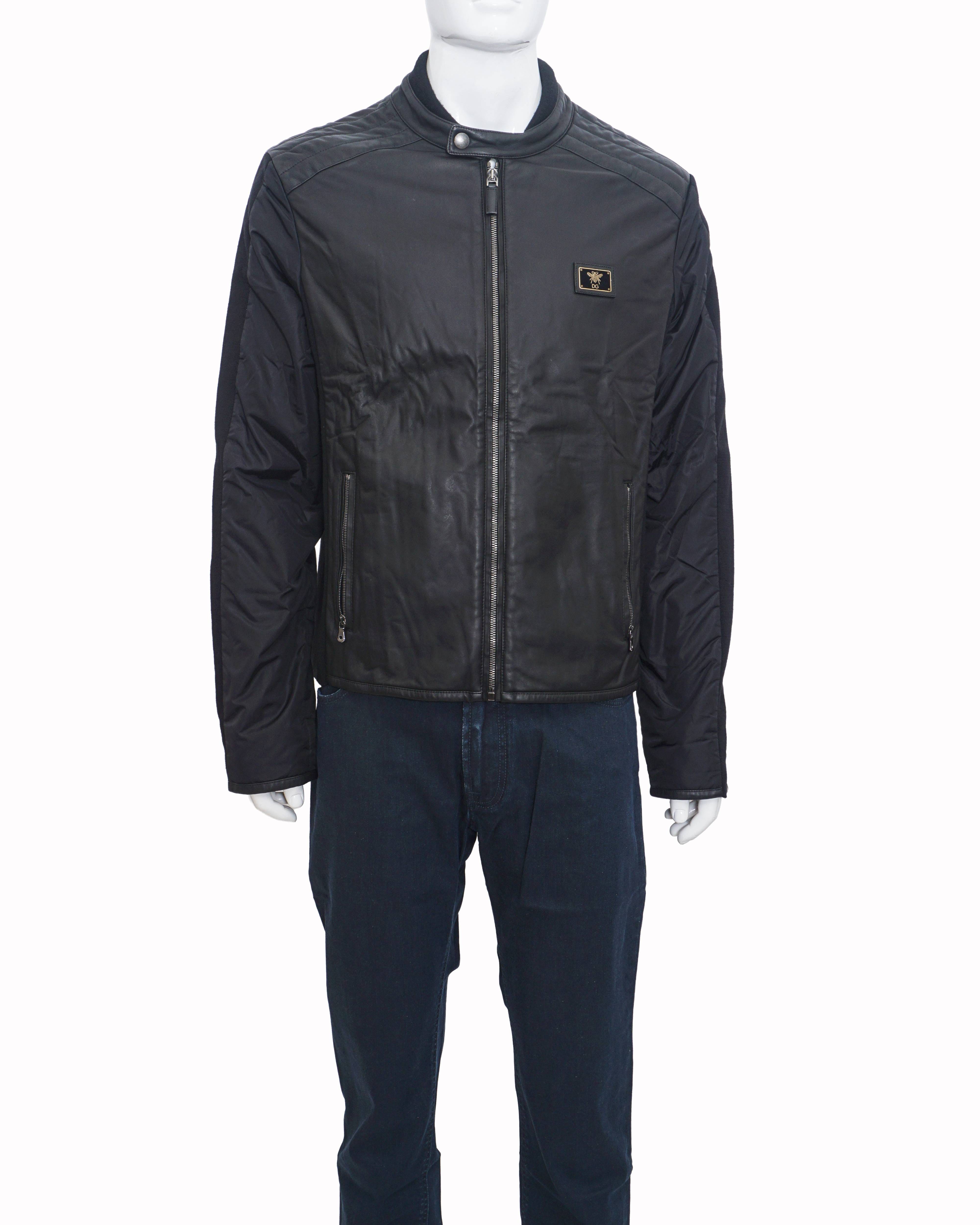 Dolce & Gabbana Plaque Logo Leather Biker Jacket