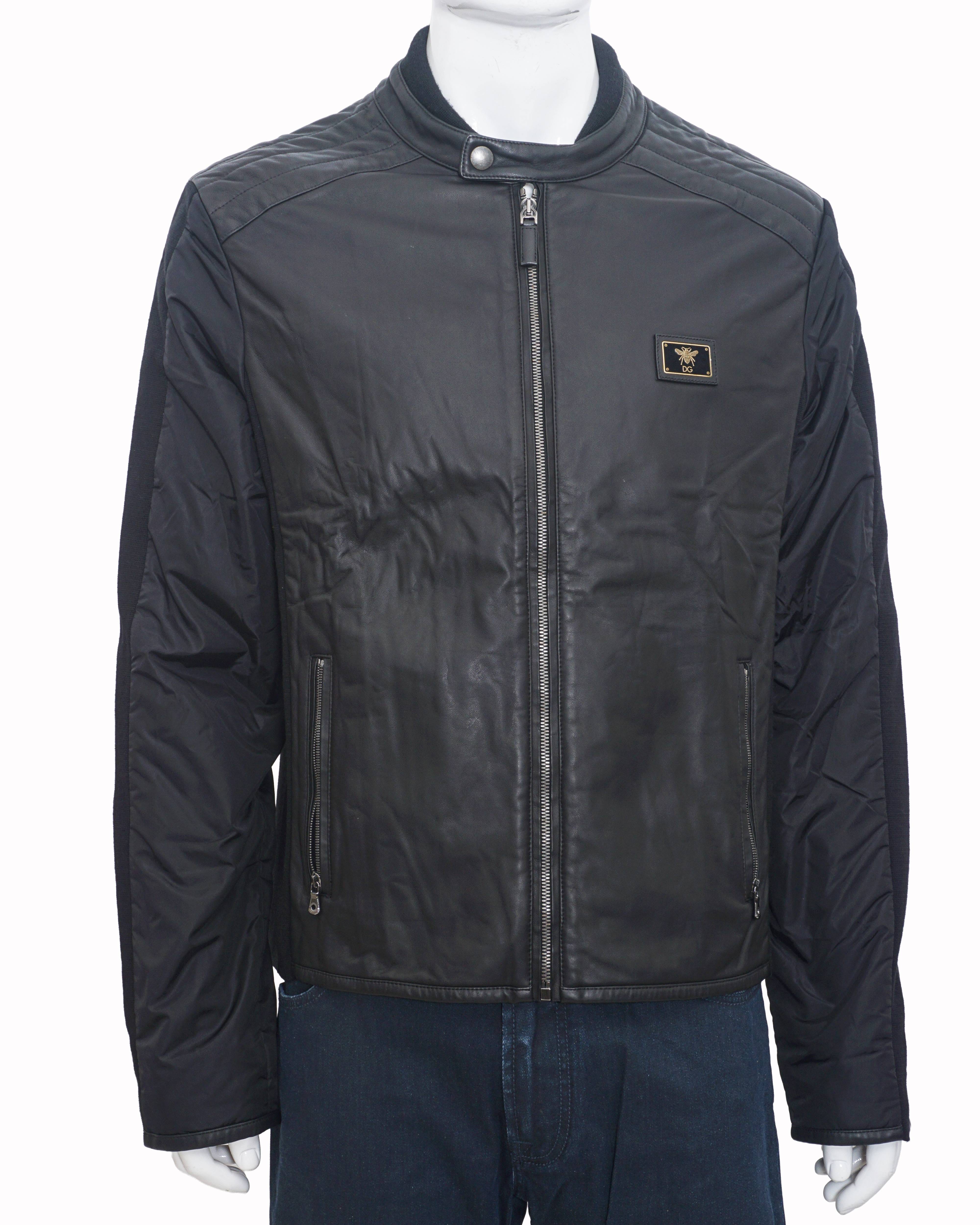 Dolce & Gabbana Plaque Logo Leather Biker Jacket
