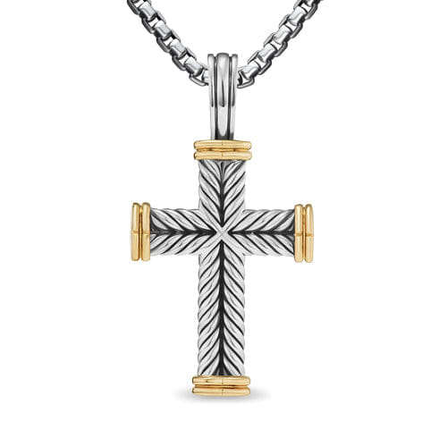 David Yurman Chevron Cross Pendant in Sterling Silver with 18K Yellow Gold, 33 mm