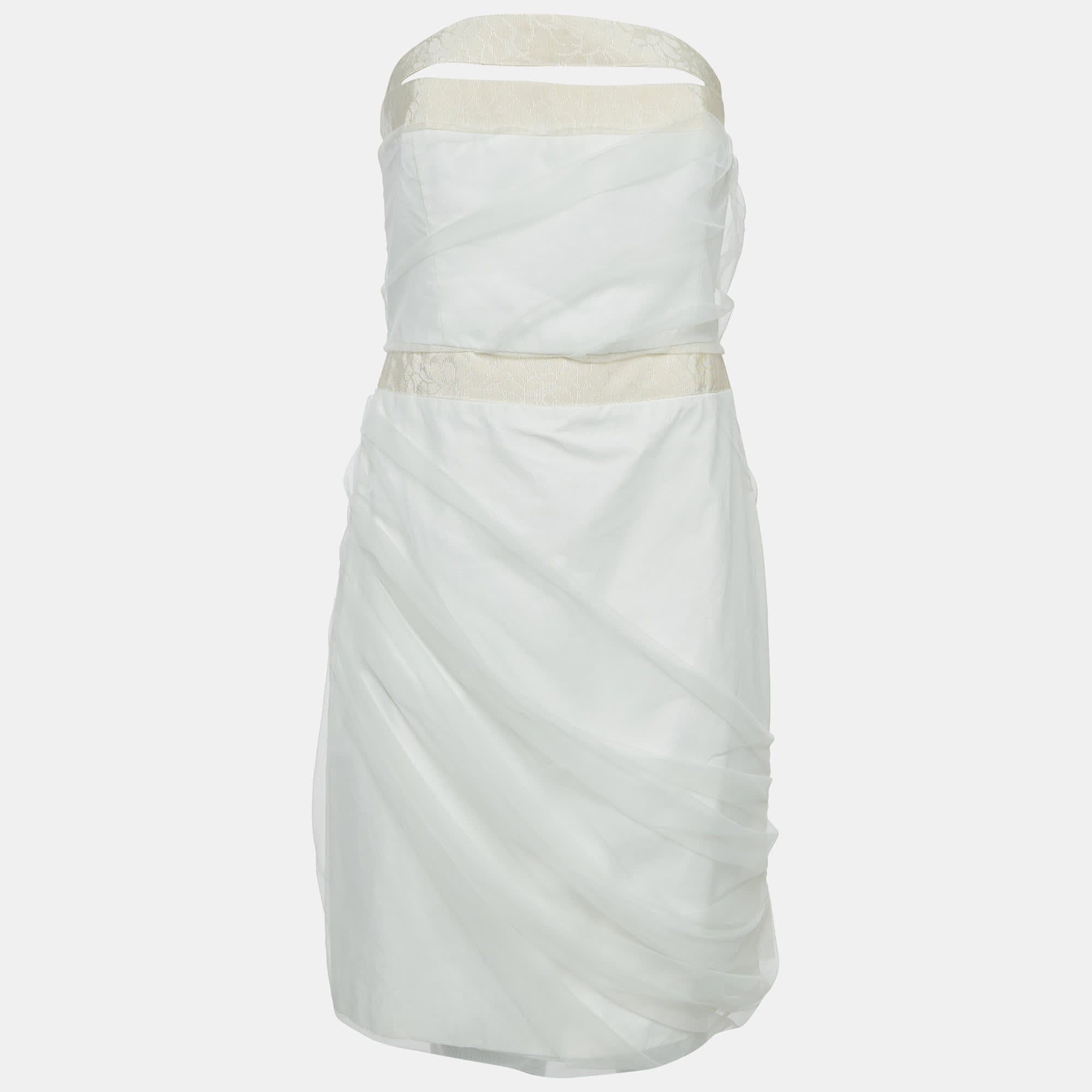 Off White Tulle Ruched Halter Neck Mini Dress