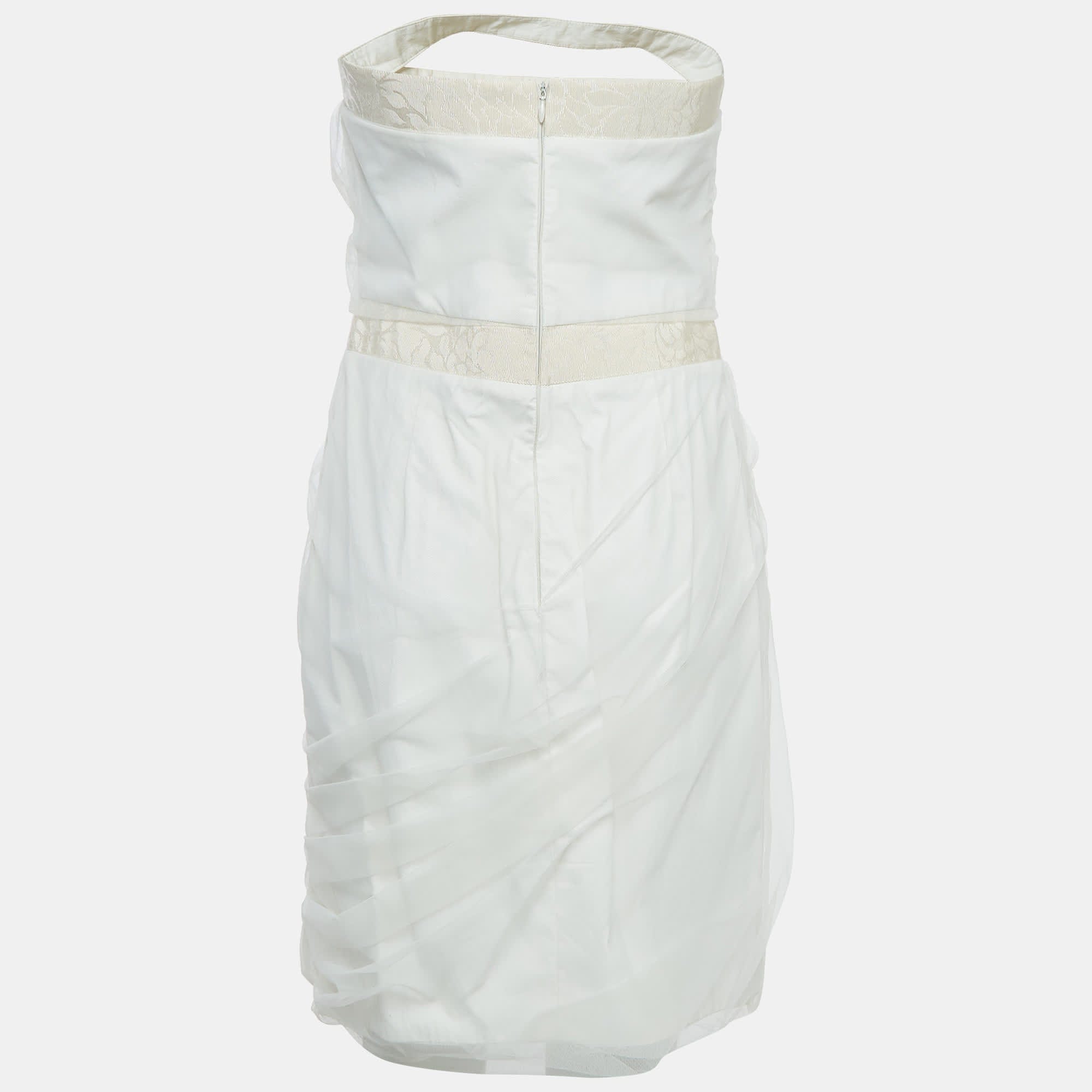 Off White Tulle Ruched Halter Neck Mini Dress