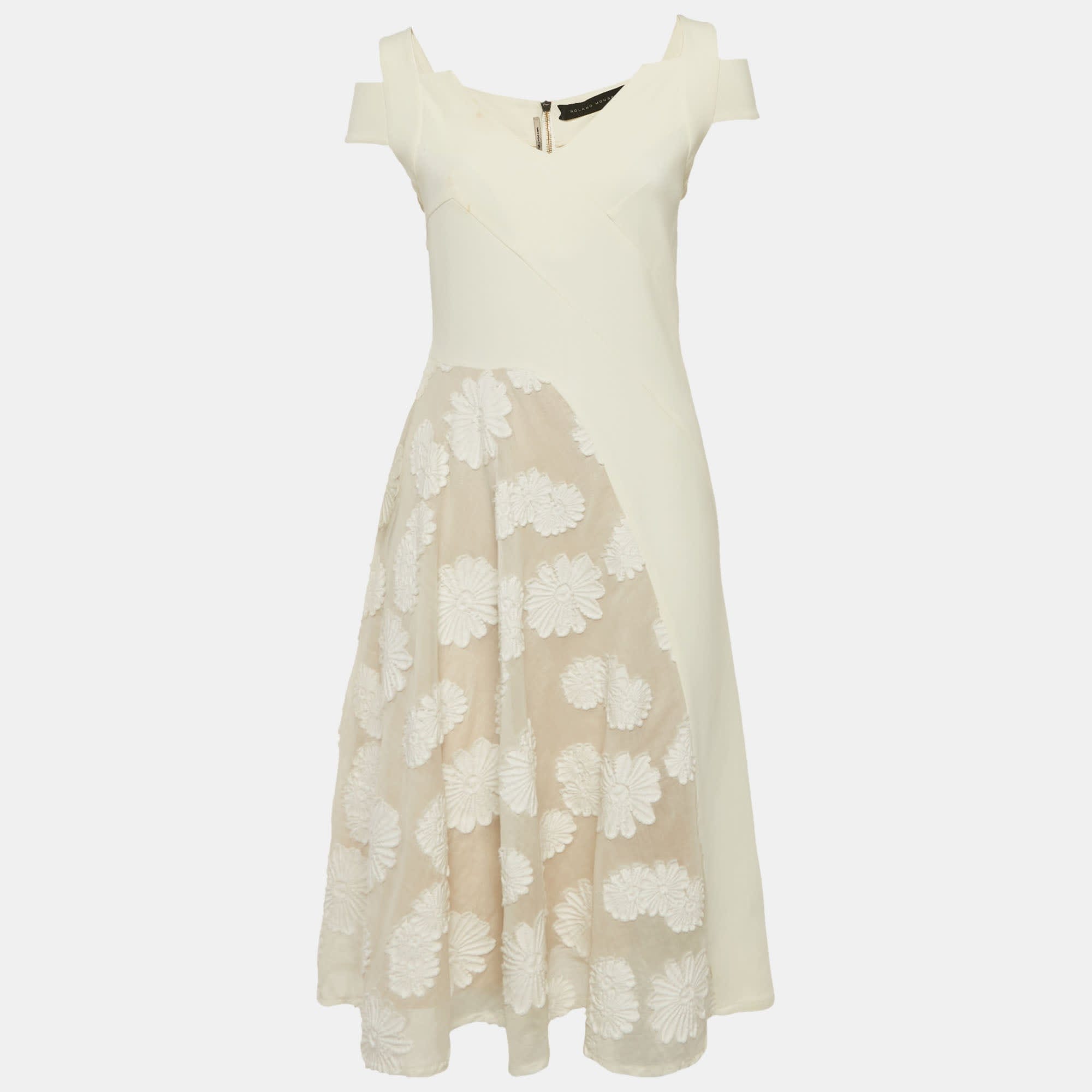 Off White Cotton & Crepe Stretch Floral Applique Midi Dress