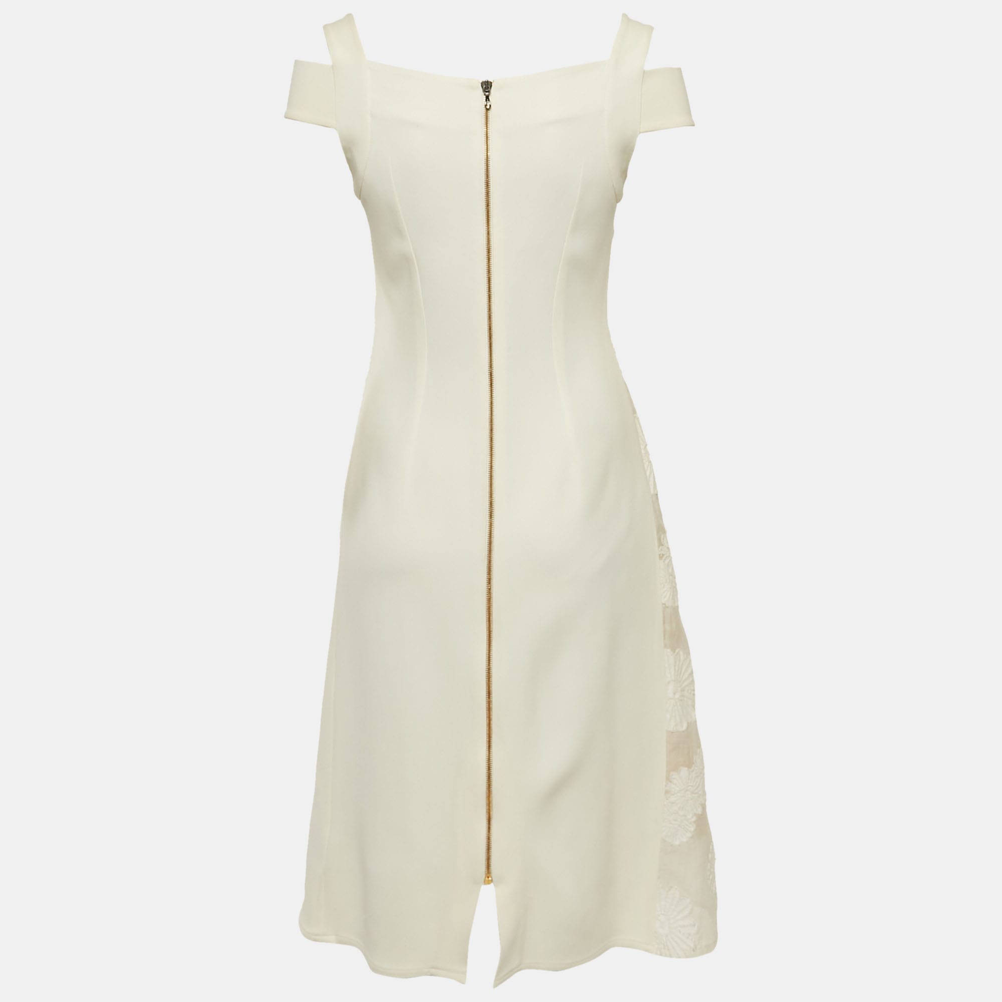 Off White Cotton & Crepe Stretch Floral Applique Midi Dress