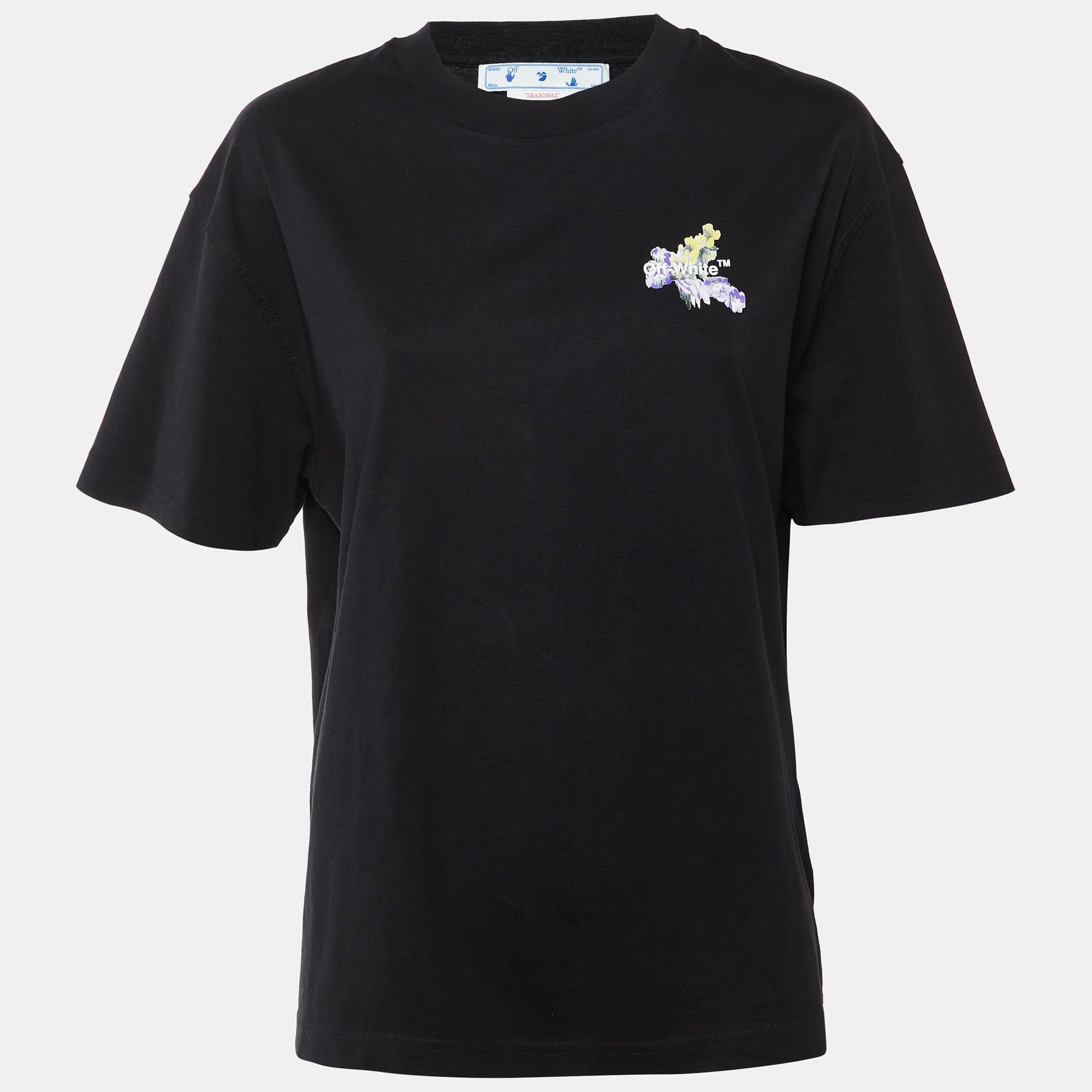 Off - White Black Floral Print Cotton Crew Neck T - Shirt