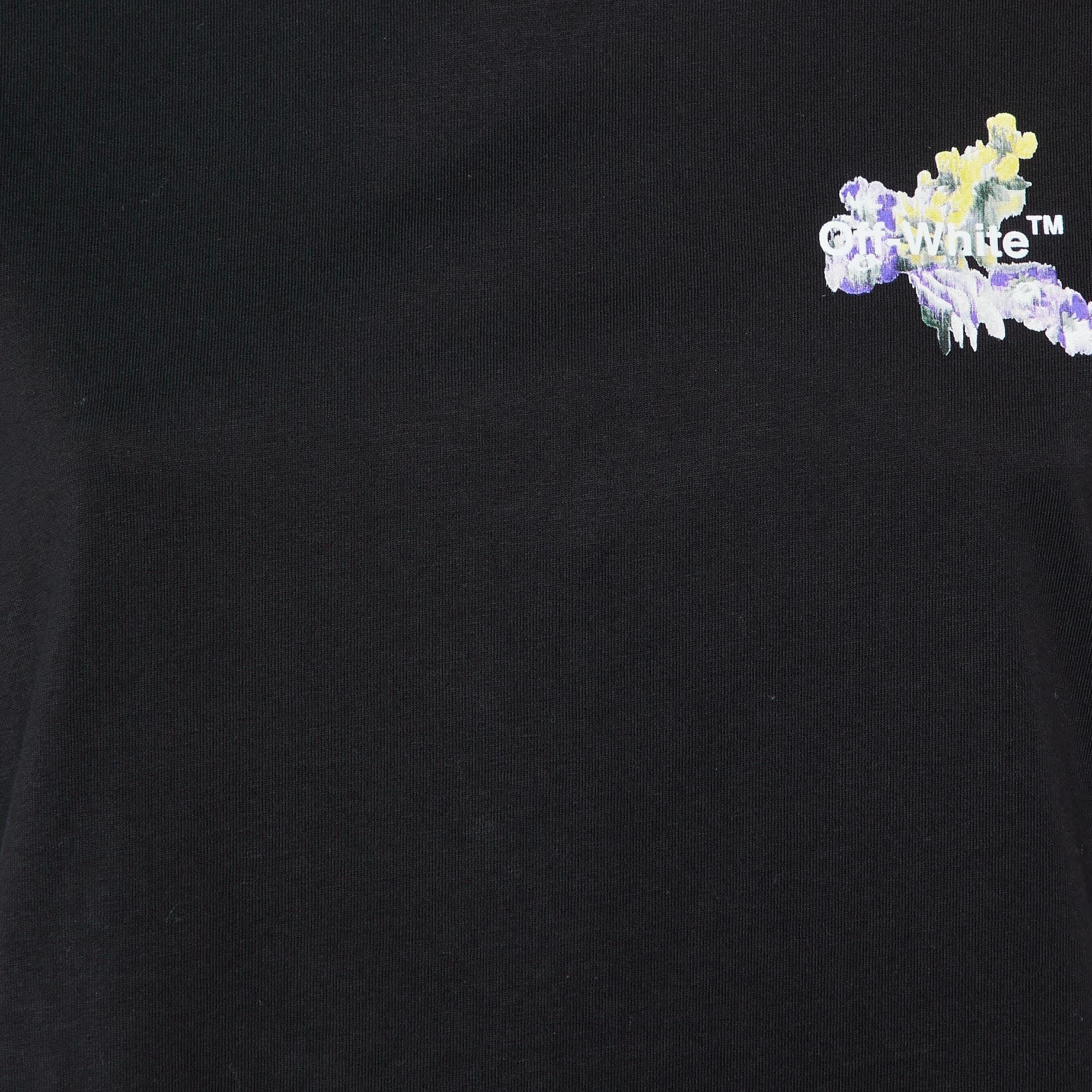 Off - White Black Floral Print Cotton Crew Neck T - Shirt