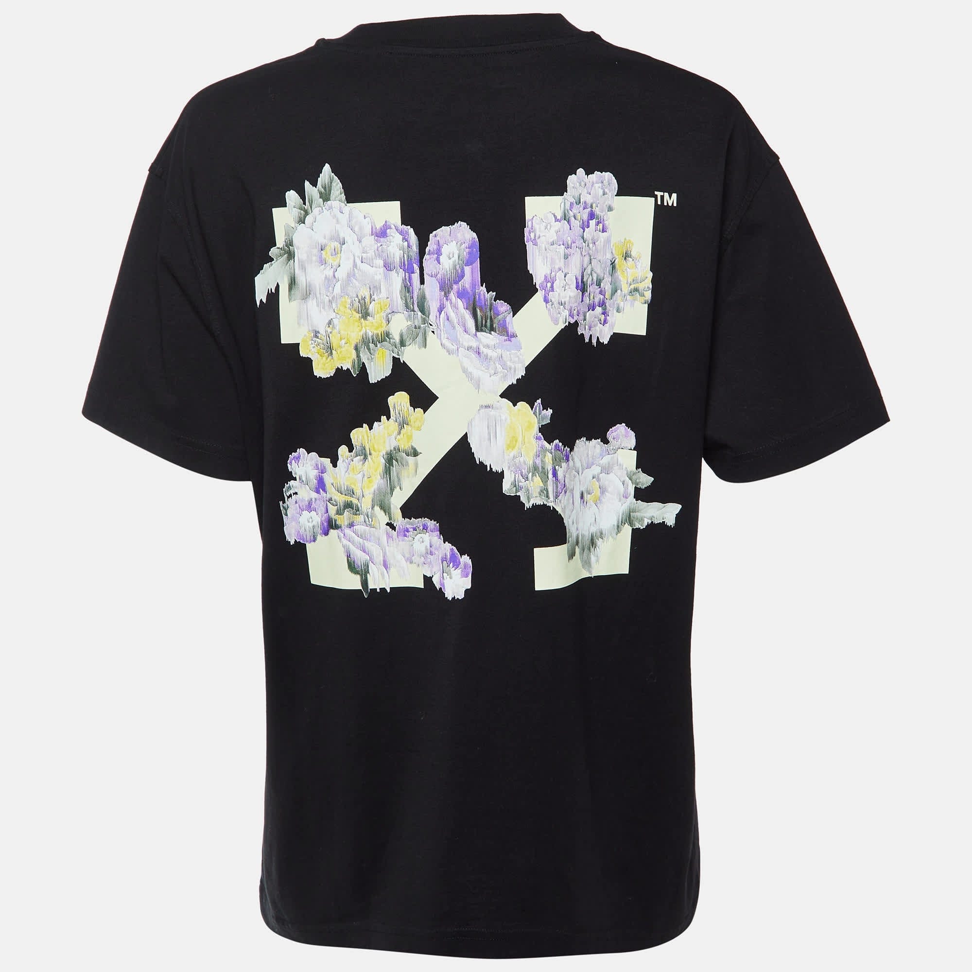 Off - White Black Floral Print Cotton Crew Neck T - Shirt