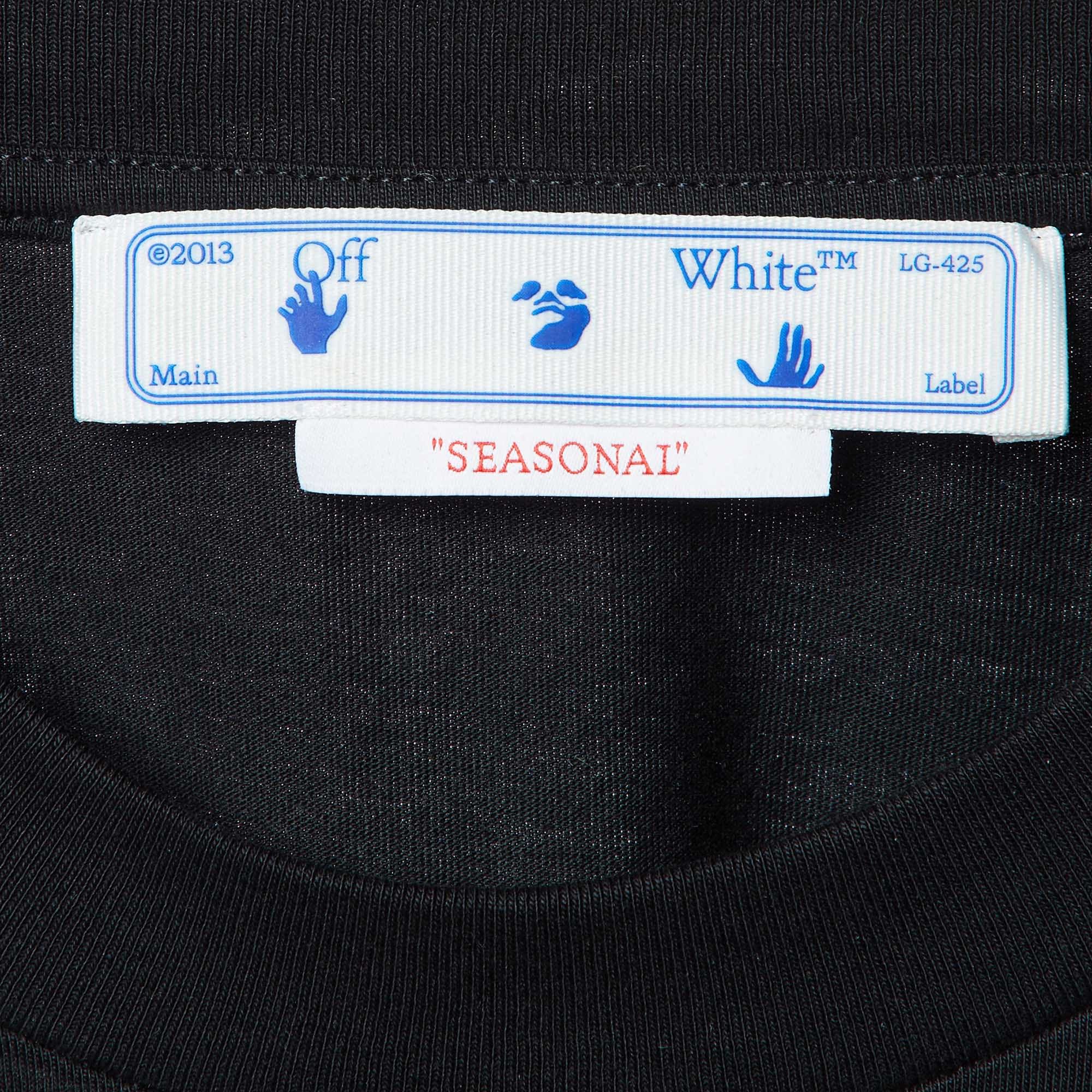 Off - White Black Floral Print Cotton Crew Neck T - Shirt