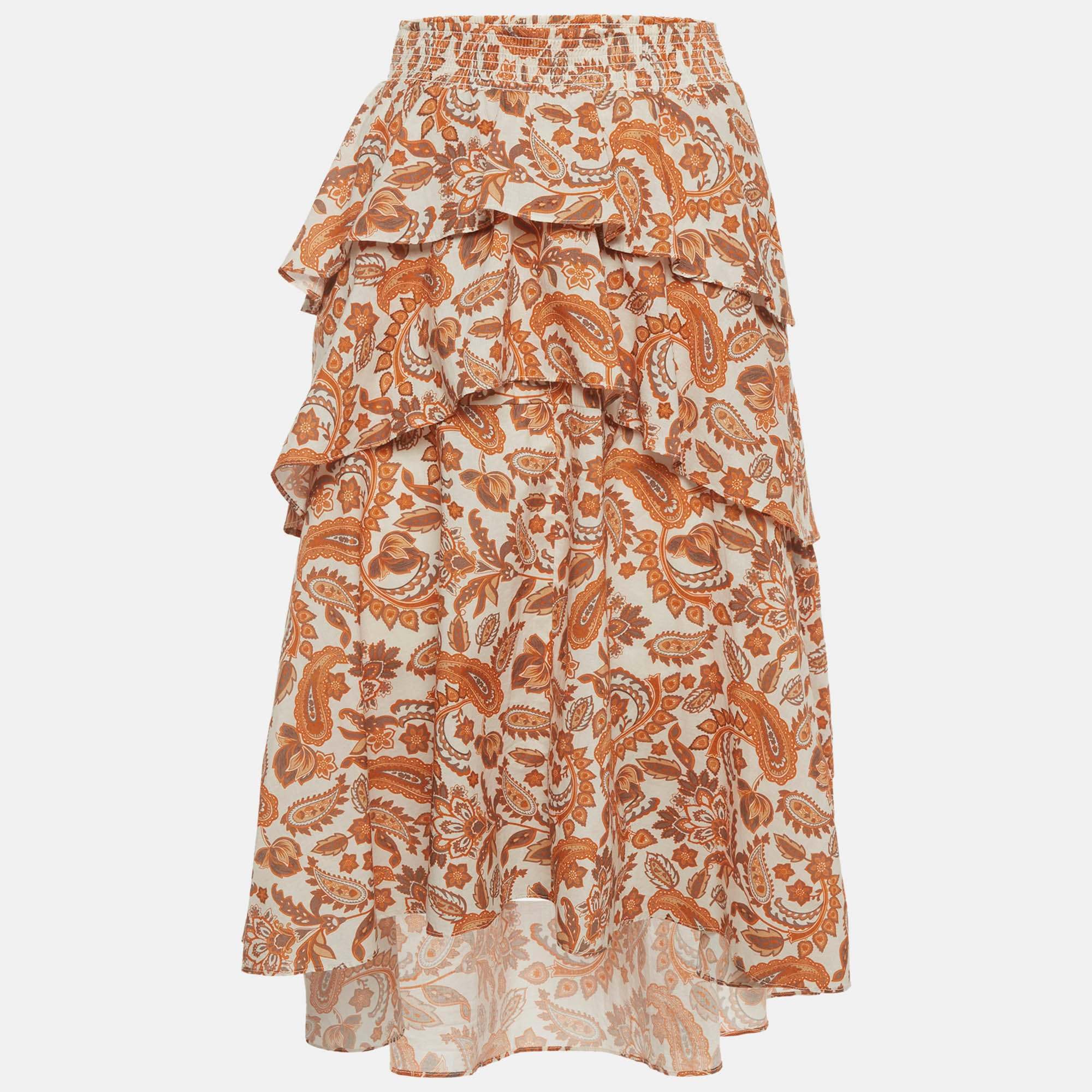 Off-White Maje Off - White/orange Paisley Print Cotton Asymmetrical Midi Skirt