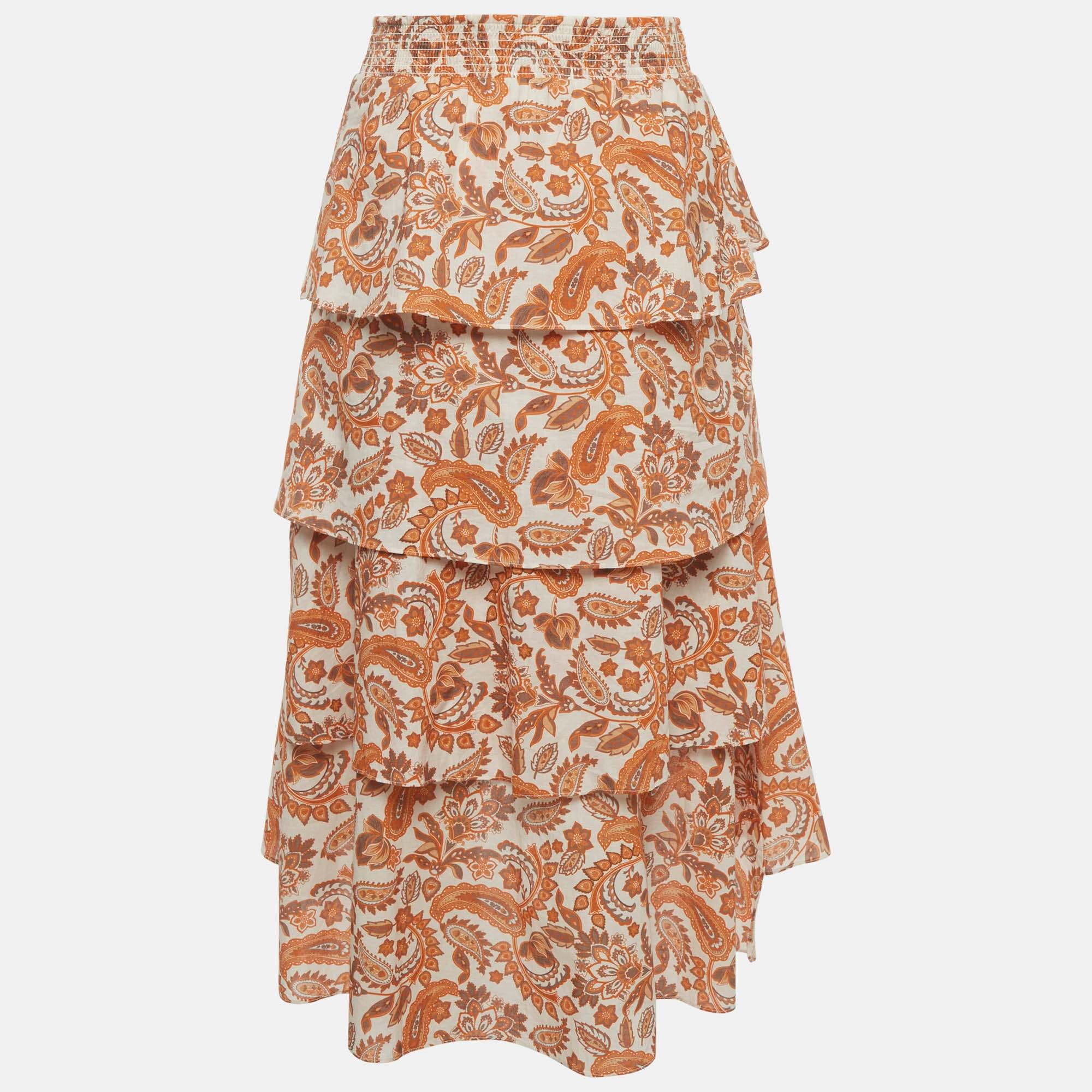 Off-White Maje Off - White/orange Paisley Print Cotton Asymmetrical Midi Skirt