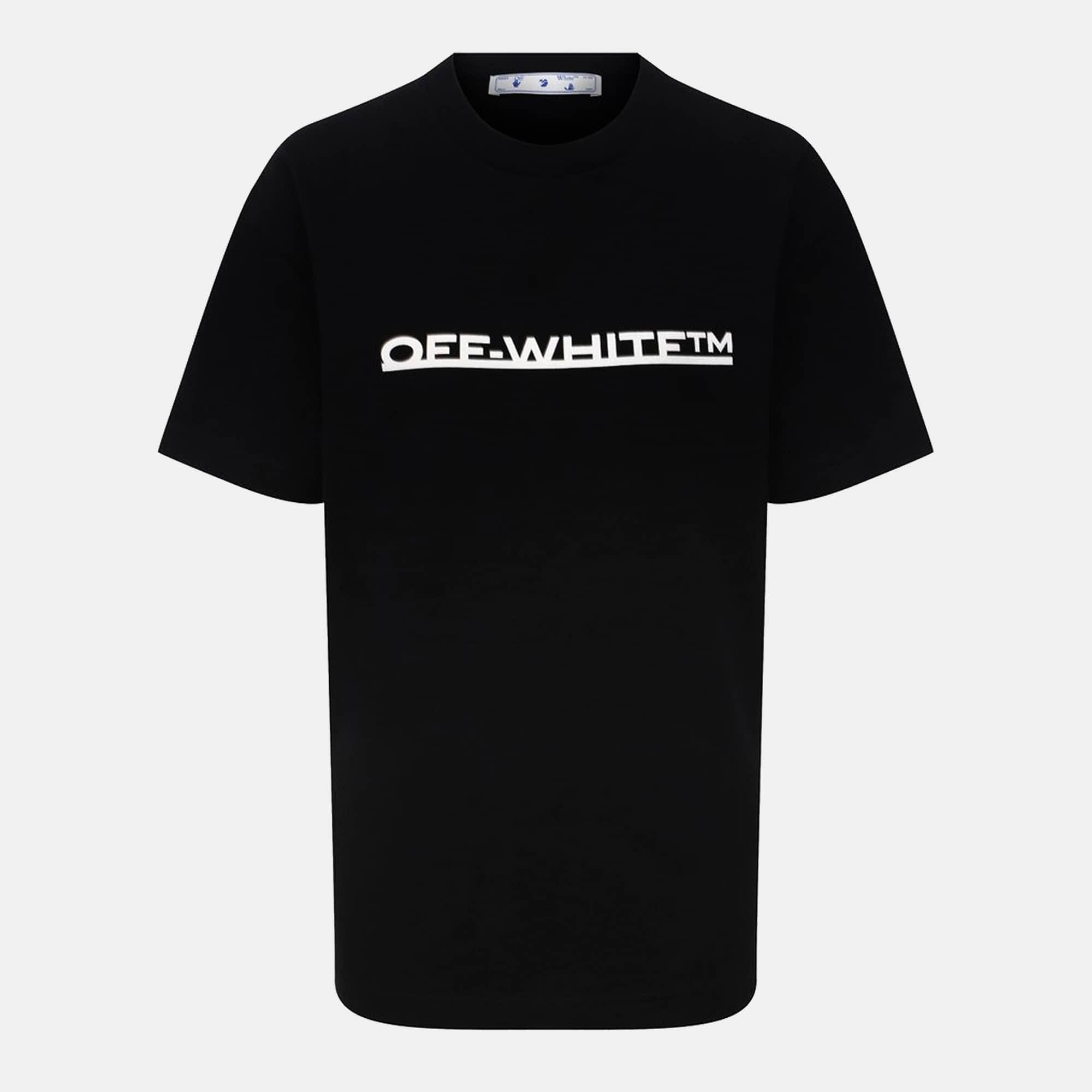 Off - White Black Underlined Logo Print Jersey Crew Neck T - Shirt