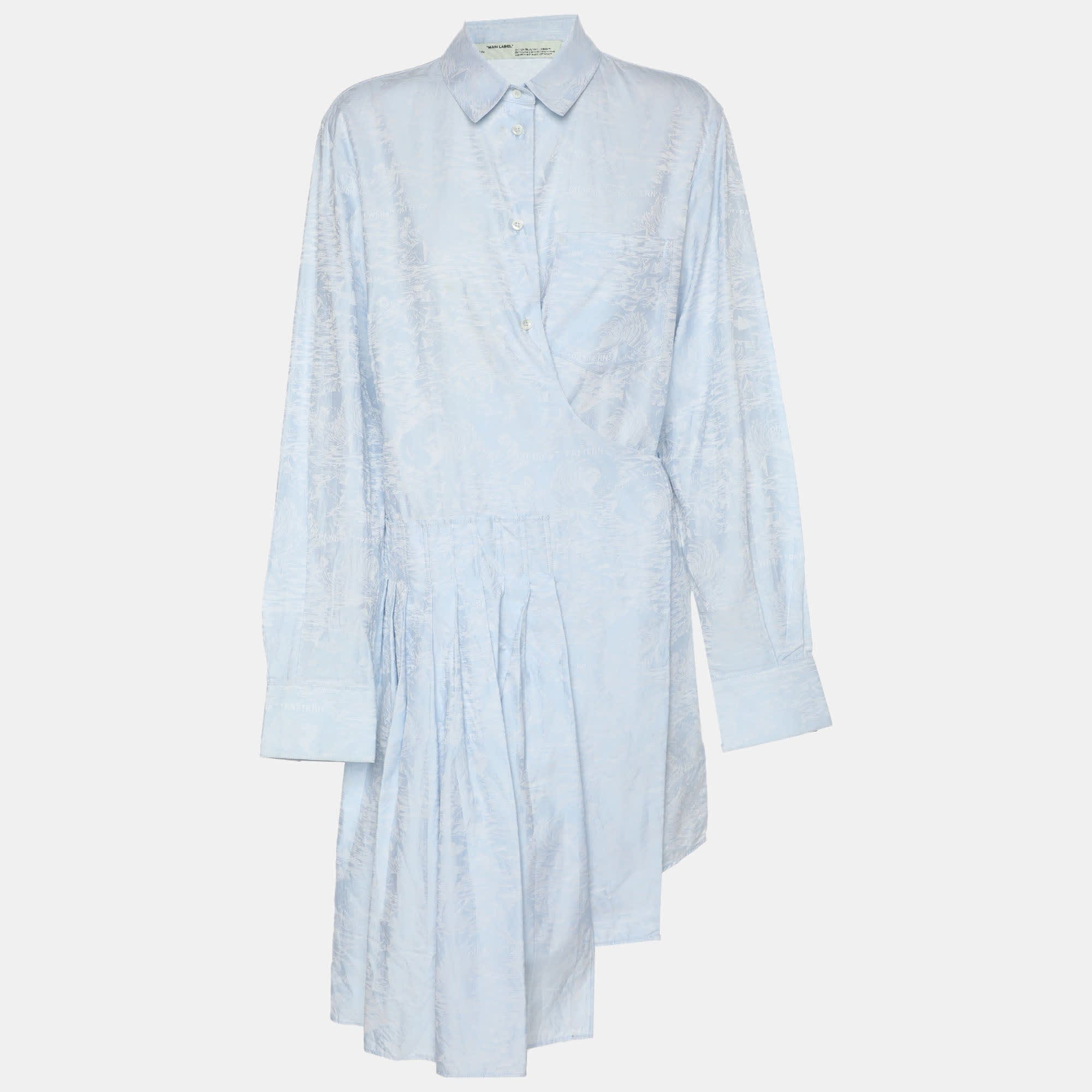 Off - White Light Blue Jacquard Belted Pleated Shirt Dress