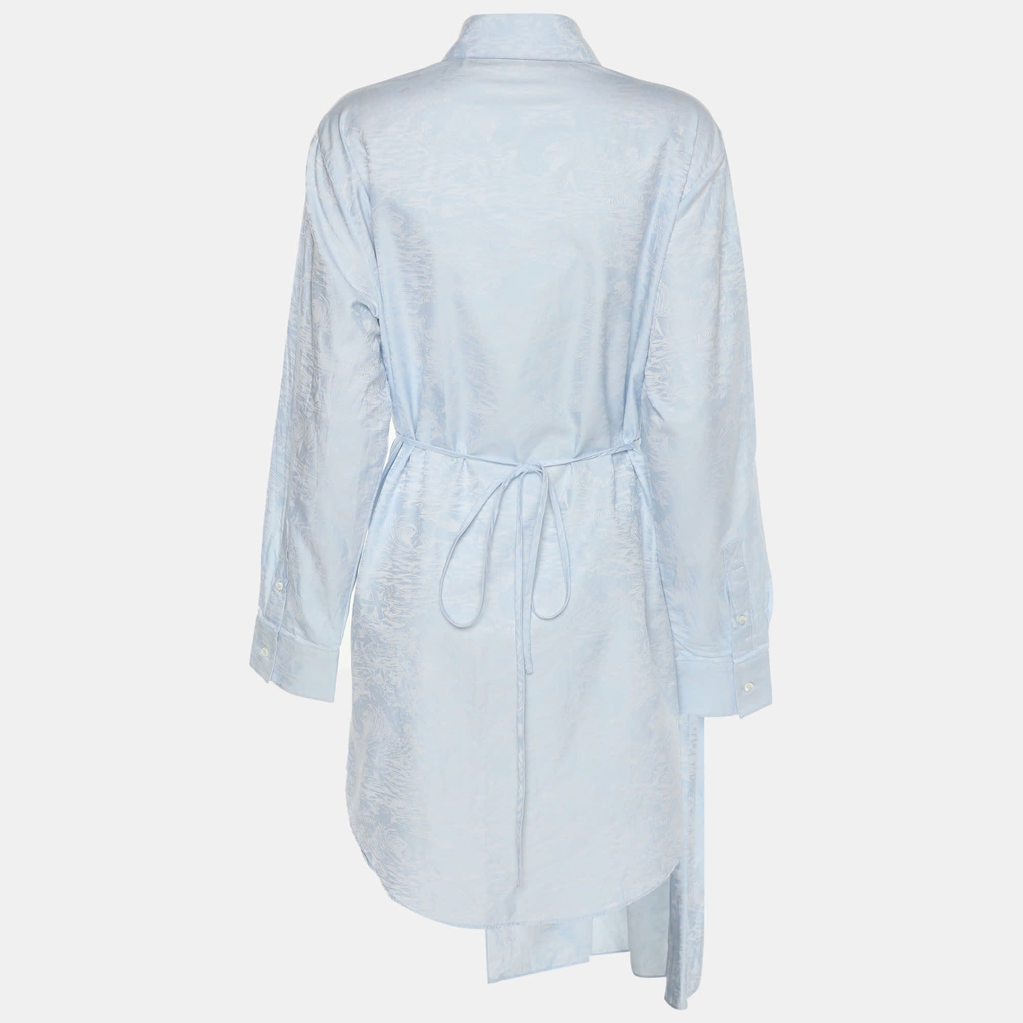 Off - White Light Blue Jacquard Belted Pleated Shirt Dress