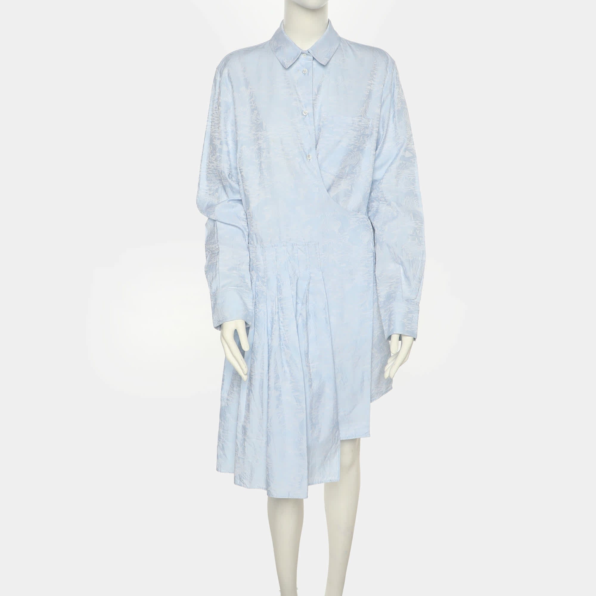 Off - White Light Blue Jacquard Belted Pleated Shirt Dress