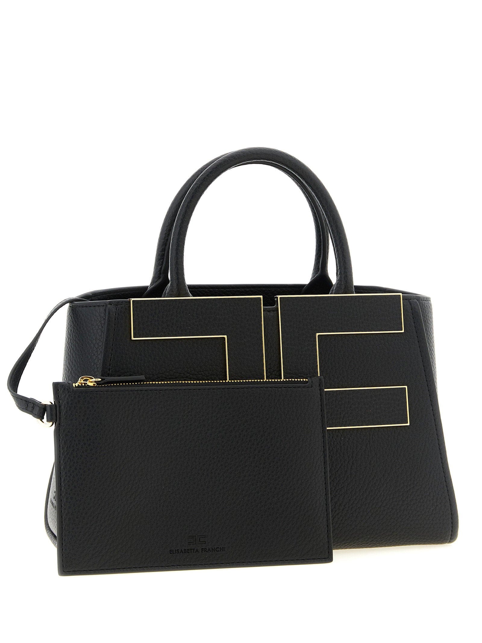 Elisabetta Franchi Gold Logo Trapezoid Tote Bag — Black