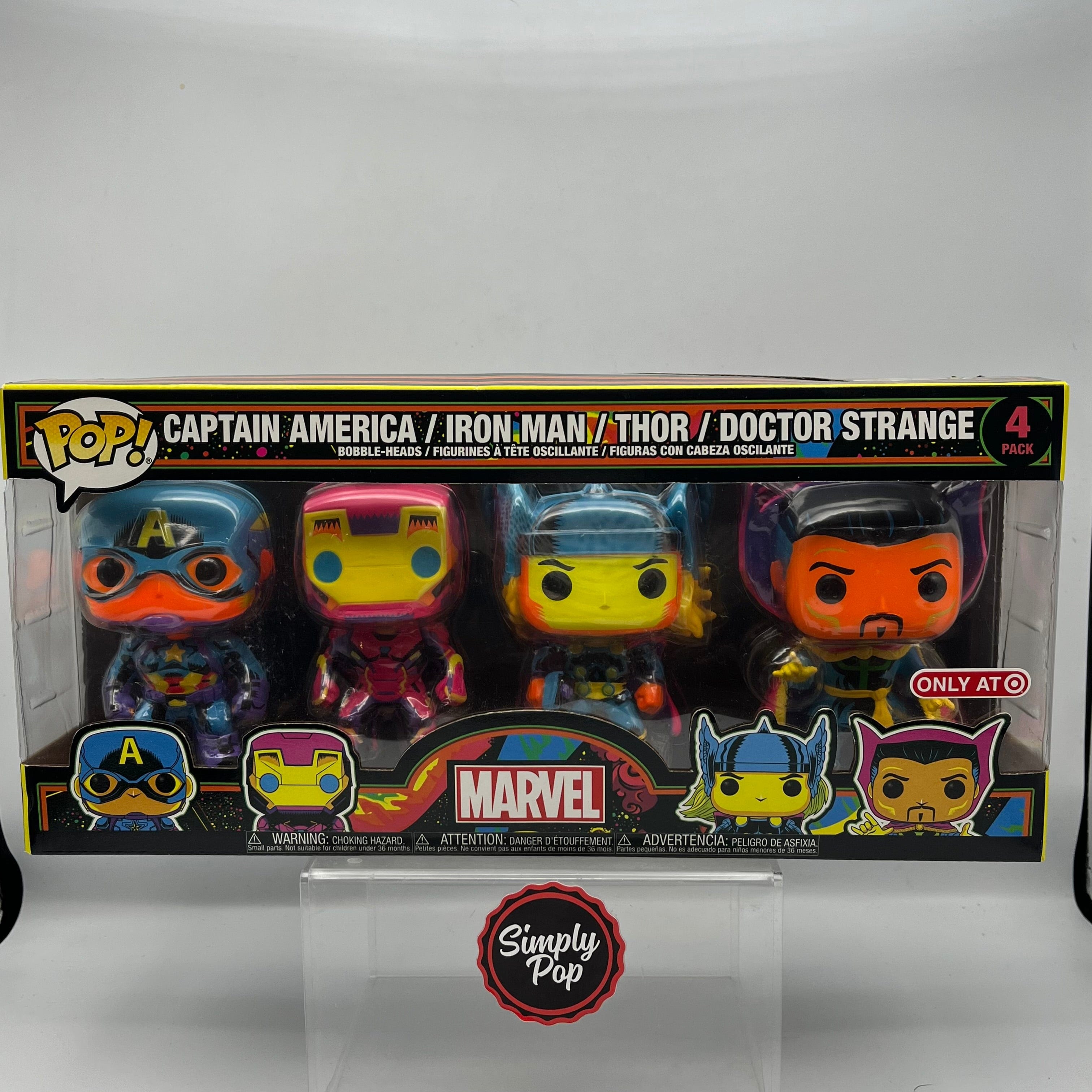 Funko Pop Captain America Iron Man Thor Doctor Strange 4 - pack Black Light Target Exclusive