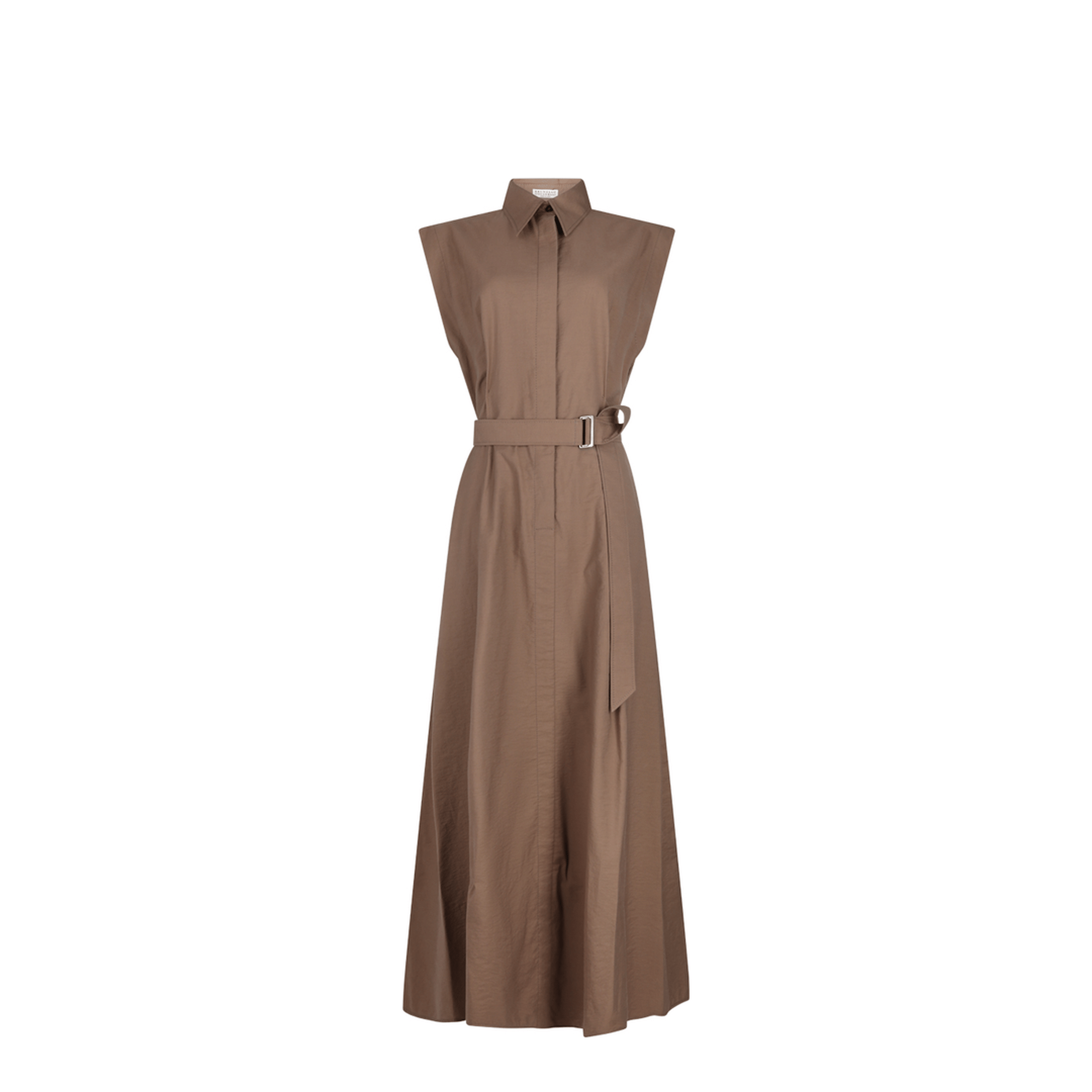 Brunello Cucinelli Long Sleeveless Cotton Dress with Belt at the Waist